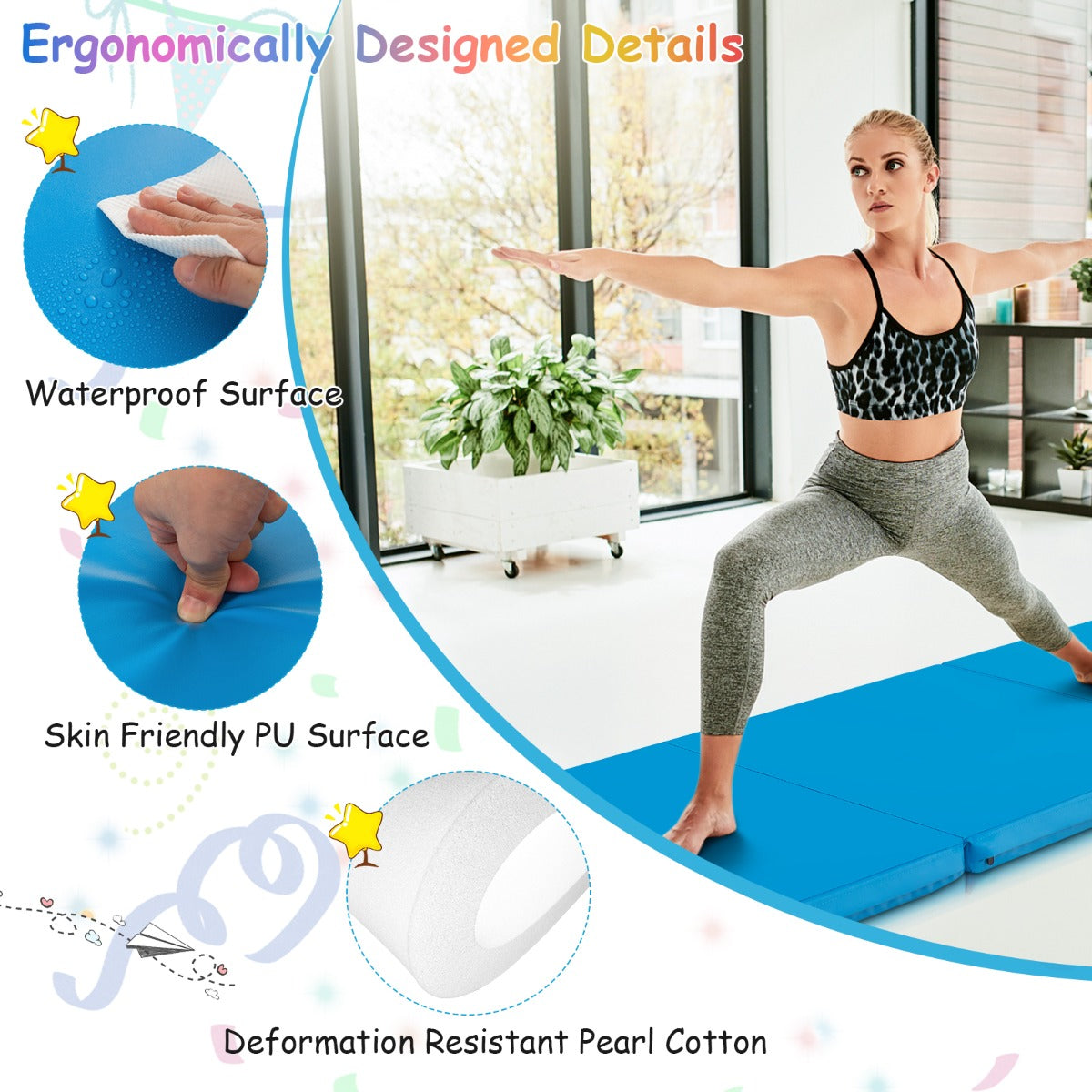 LIVSK Opvouwbare Oefenmat - Lichtgewicht - Ergonomisch - 2 Handgrepen - Ideaal voor Yoga en Pilates - 180 x 60 x 5 cm - Blauw