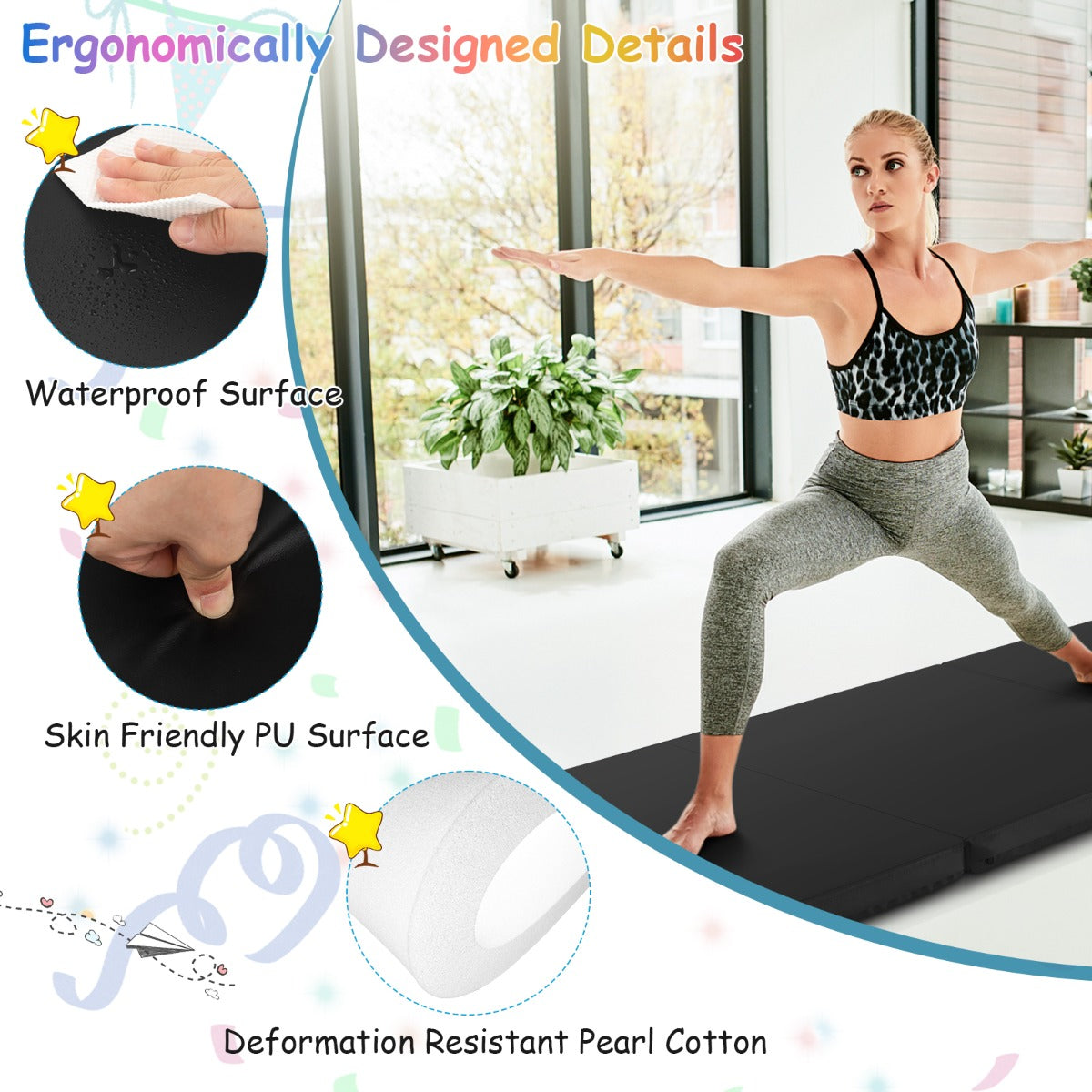 LIVSK Opvouwbare Oefenmat - Lichtgewicht - Ergonomisch - Klittenband - Voor Yoga en Pilates - 180 x 60 x 5 cm - Zwart