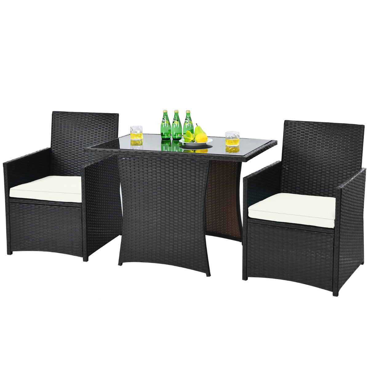 LIVSK Ruimtebesparende Bistroset met Gehard Glazen Tafelblad - Ergonomische Stoelen met Kussens - Weerbestendig - Gemengd Bruin