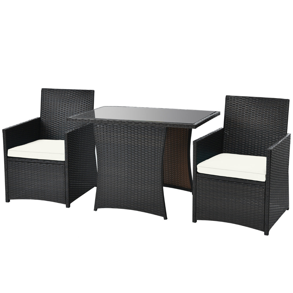 LIVSK Ruimtebesparende Bistroset met Gehard Glazen Tafelblad - Ergonomische Stoelen met Kussens - Weerbestendig - Gemengd Bruin