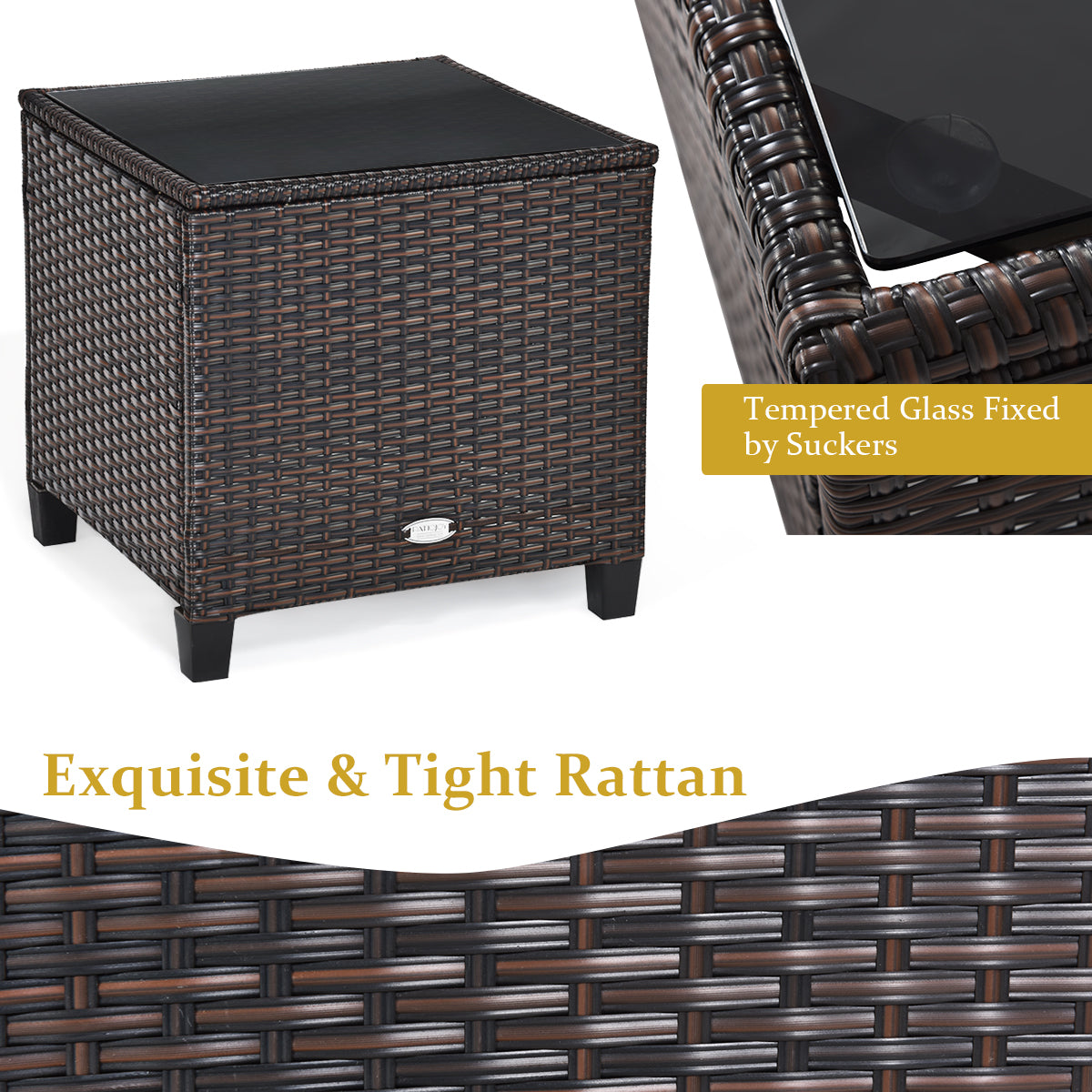 LIVSK 3-delige Rotan Meubelset - Duurzaam Stalen Frame - Inclusief Kussens en Glazen Tafelblad - Voor Binnen en Buiten - Bruin