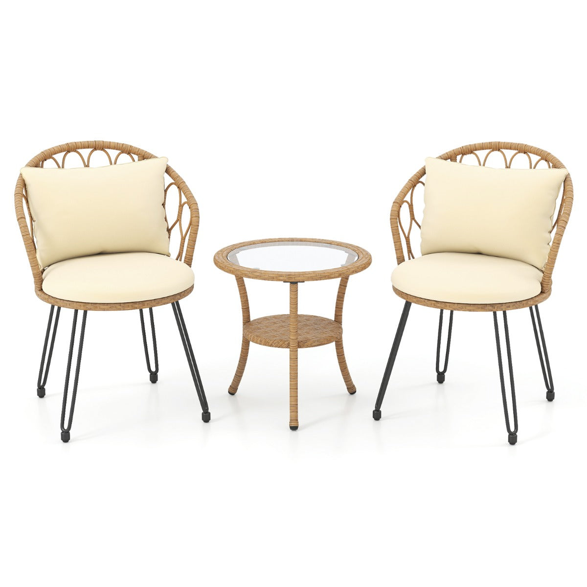 Livsk costway 3 delige pe rotan bistroset voor op het terras outdoorset met kussens en 2 laags tafel met gehard glas