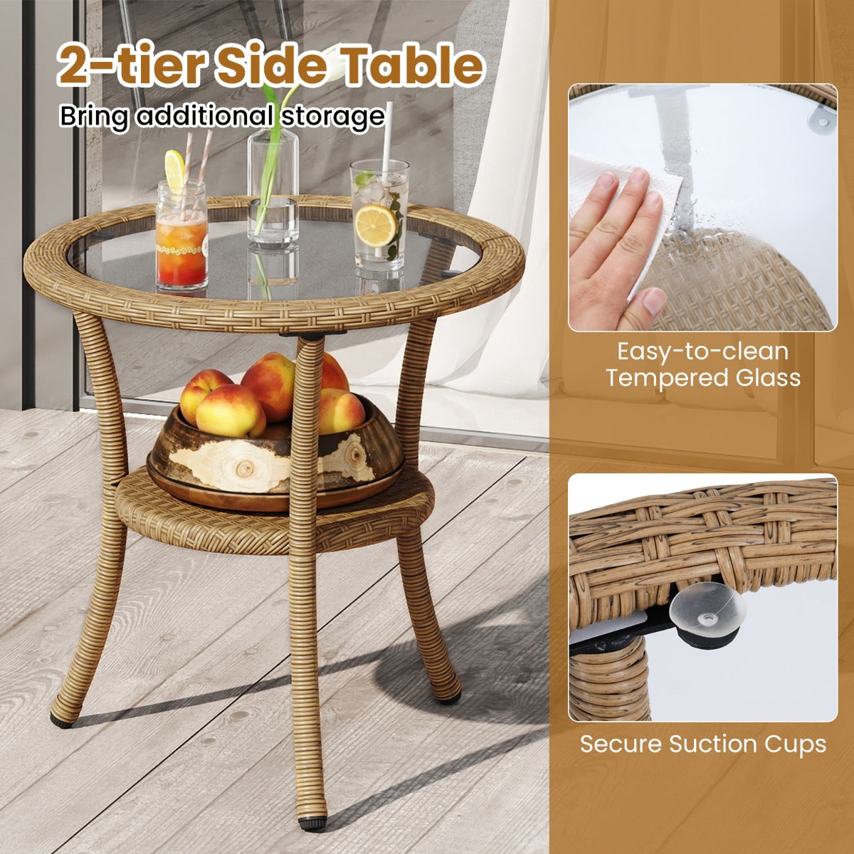Livsk costway 3 delige pe rotan bistroset voor op het terras outdoorset met kussens en 2 laags tafel met gehard glas 4