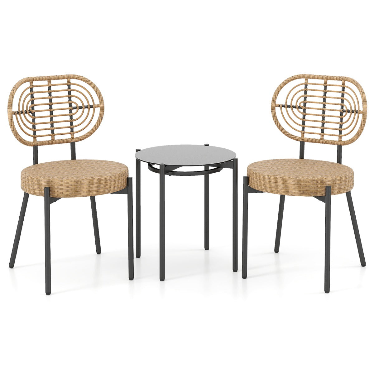 Livsk costway 3 delige pe rotan outdoor bistroset patio gespreksset met temperatuurgehard glazen salontafel en rotanstoelen