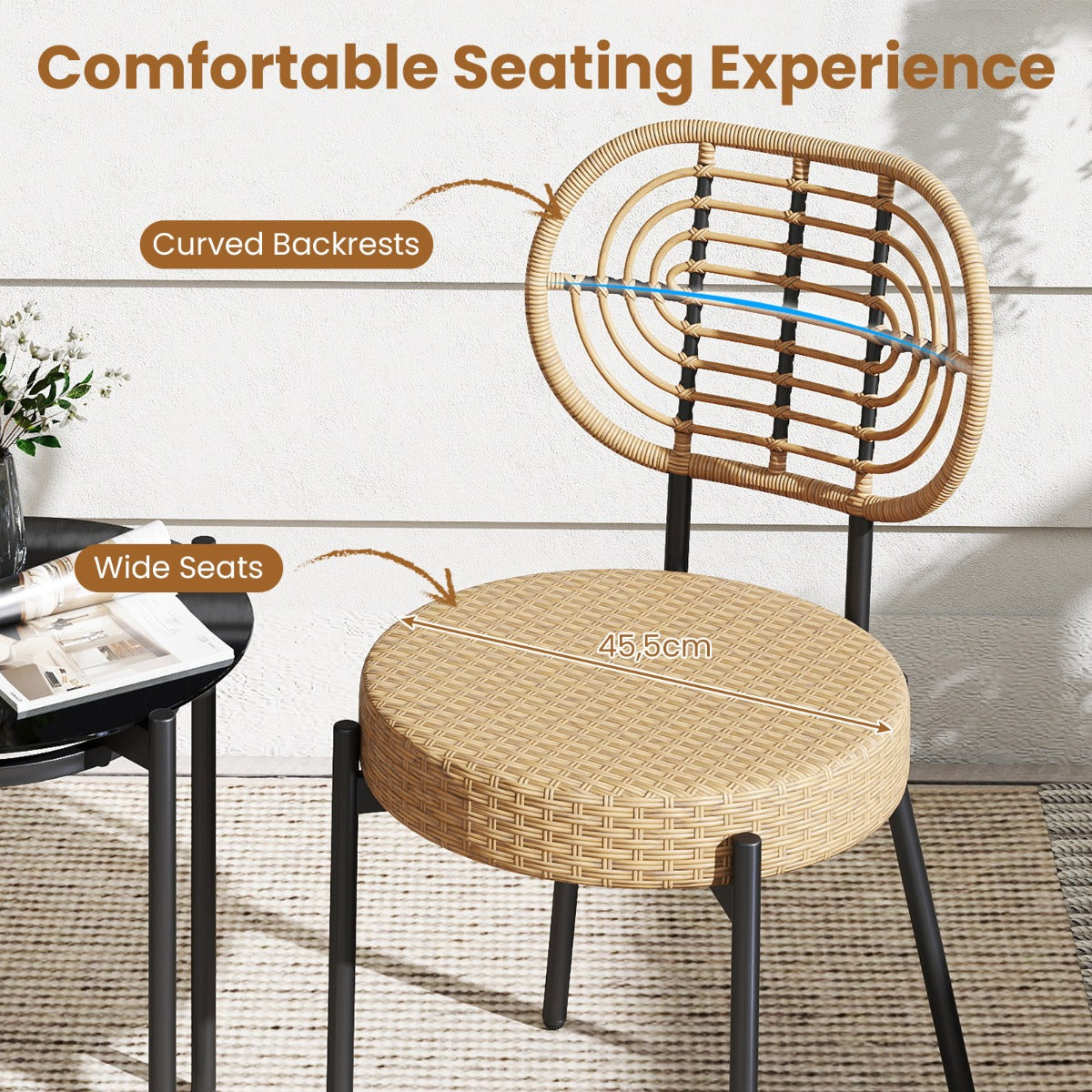 Livsk costway 3 delige pe rotan outdoor bistroset patio gespreksset met temperatuurgehard glazen salontafel en rotanstoelen 2