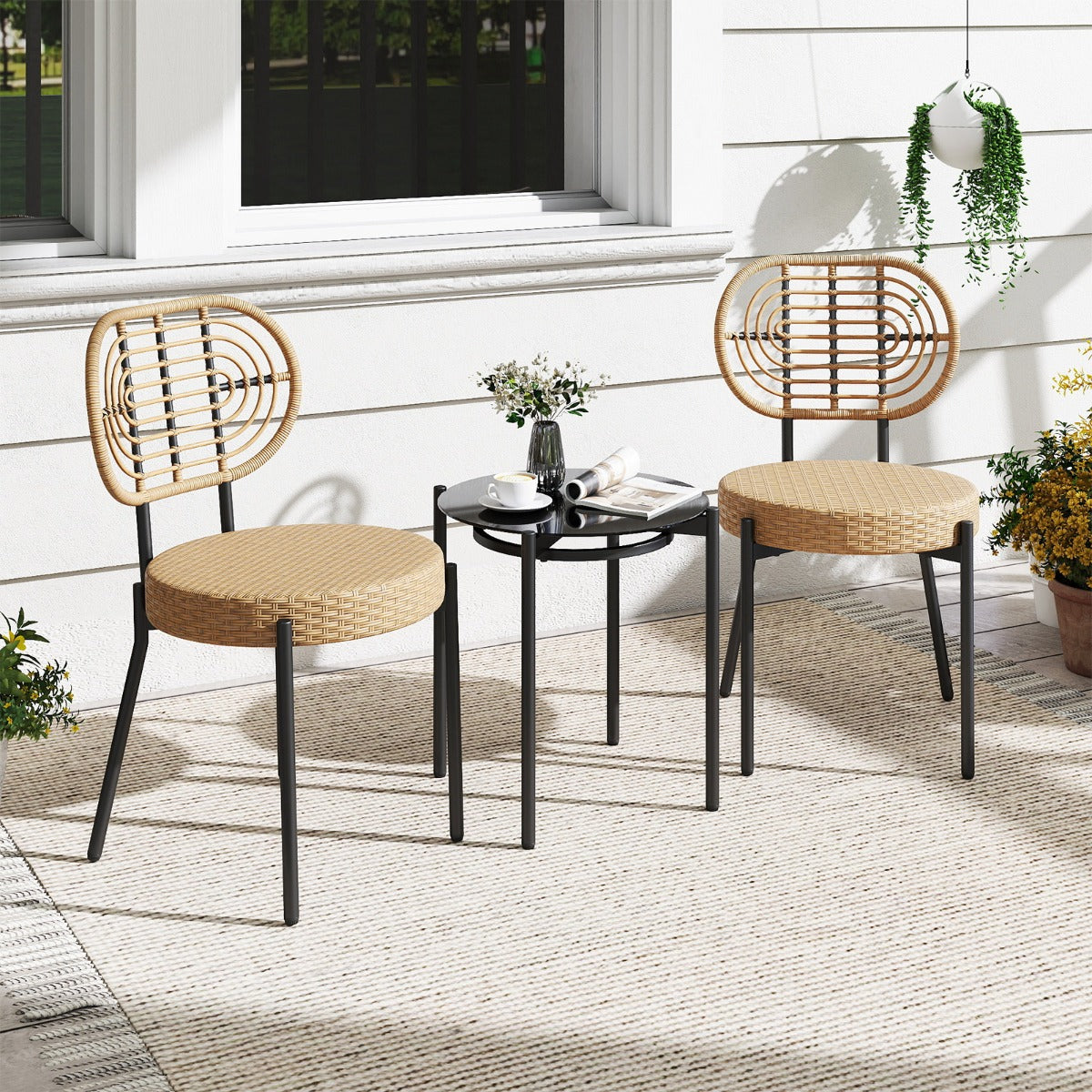 Livsk costway 3 delige pe rotan outdoor bistroset patio gespreksset met temperatuurgehard glazen salontafel en rotanstoelen 6