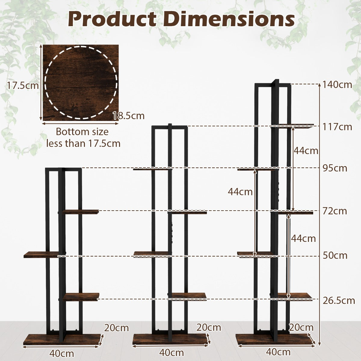 LIVSK 3-Delige Plantenstandaardset - Flexibele Opstelling - 4, 5 en 6 Lagen - Stevige Constructie - Zwart + Bruin
