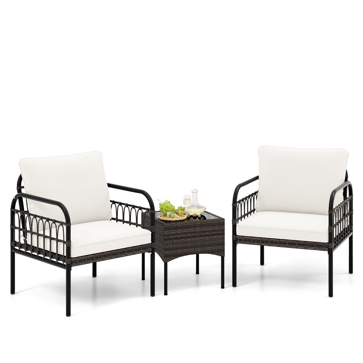 LIVSK 3-delige Bistroset - 2 Fauteuils en Bijzettafel - Handgeweven PE Rotan - Zachte Kussens - Compact voor Balkon - Bruin Beige