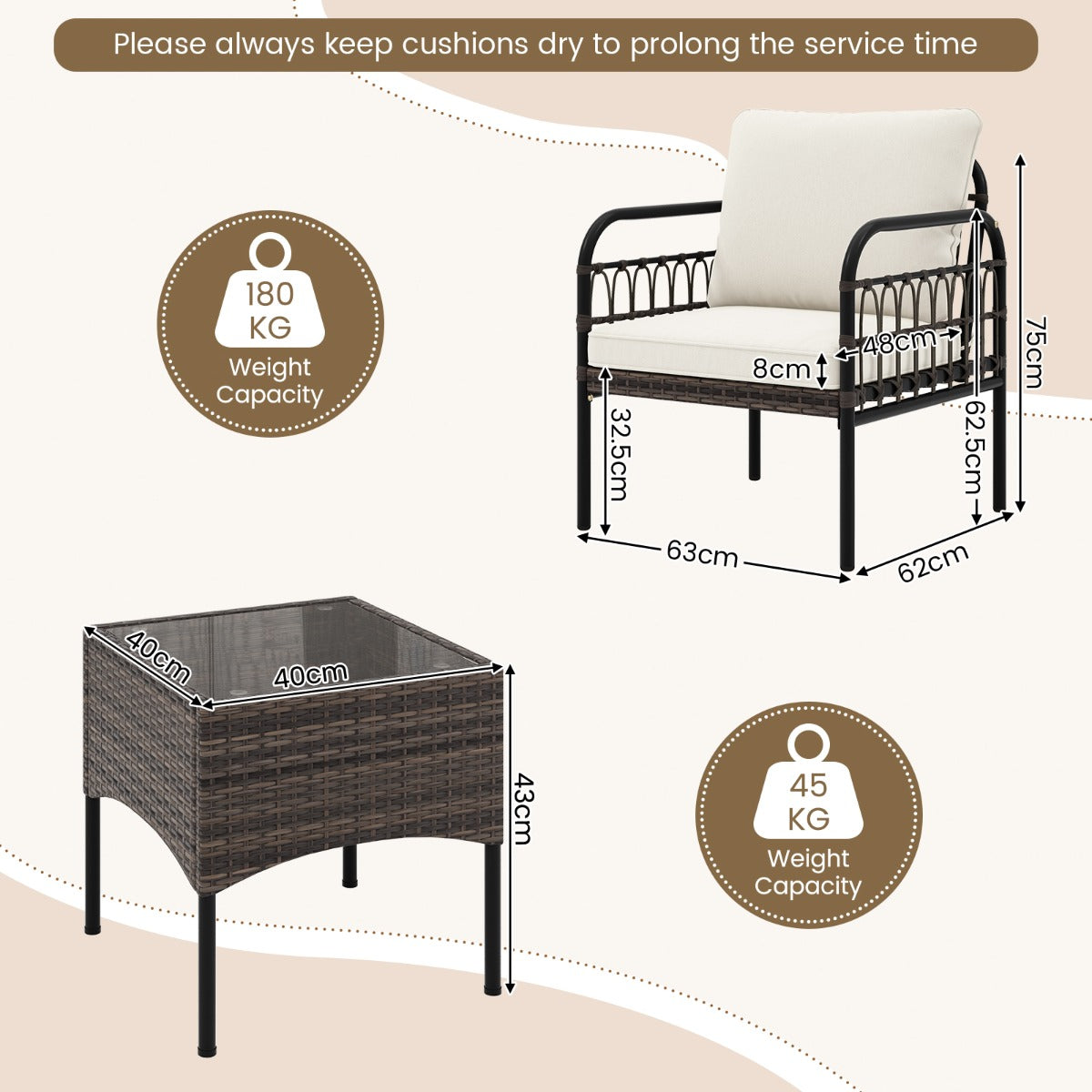 LIVSK 3-delige Bistroset - 2 Fauteuils en Bijzettafel - Handgeweven PE Rotan - Zachte Kussens - Compact voor Balkon - Bruin Beige