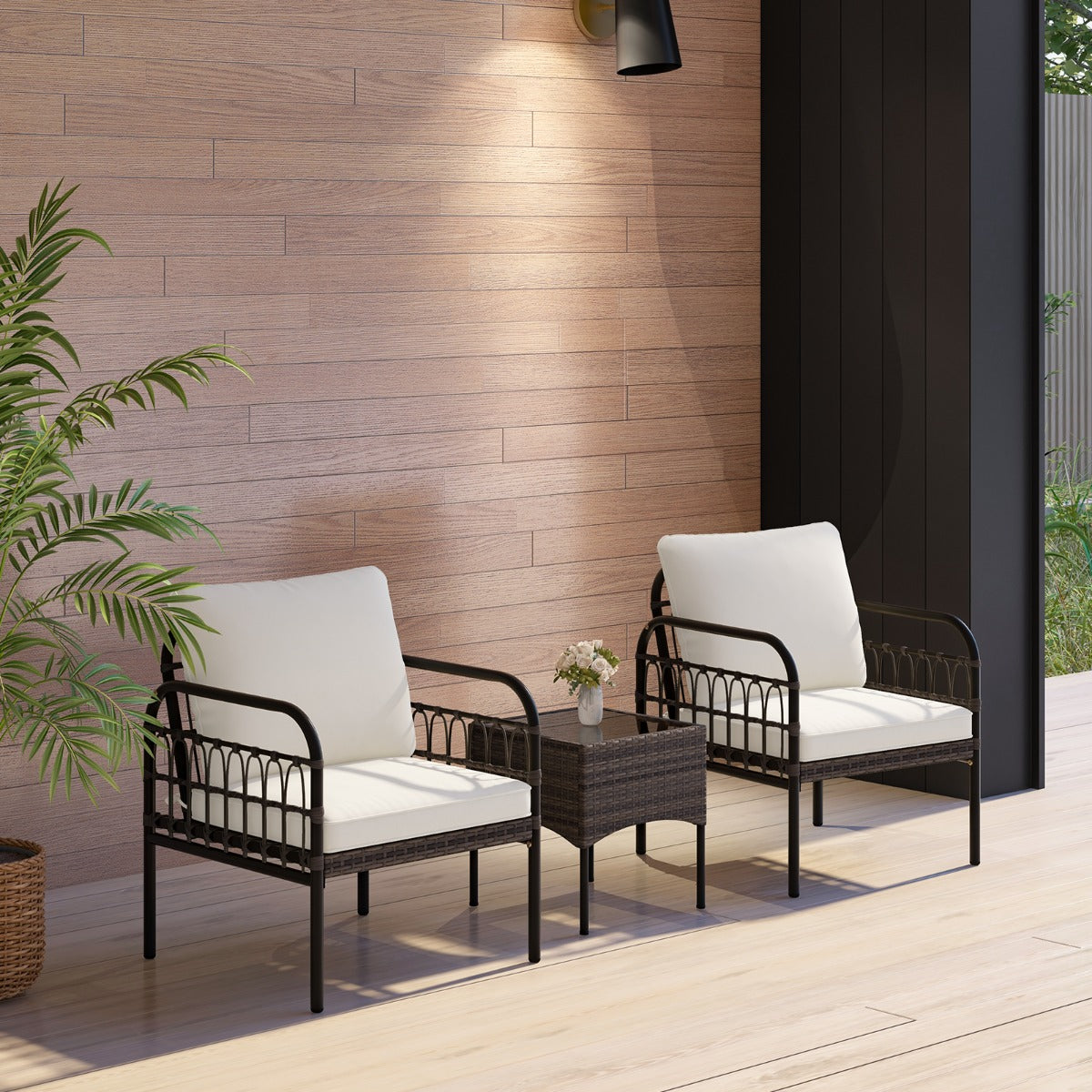 LIVSK 3-delige Bistroset - 2 Fauteuils en Bijzettafel - Handgeweven PE Rotan - Zachte Kussens - Compact voor Balkon - Bruin Beige