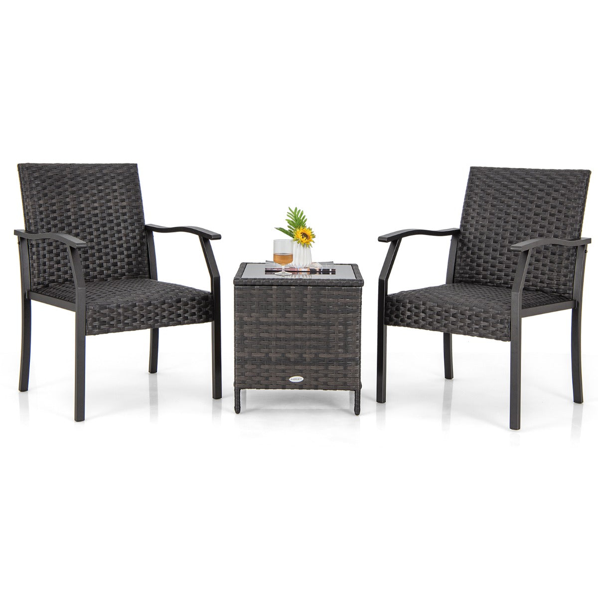 LIVSK 3-Delige Rieten Patio Tafel en Stoelen Set - Sneldrogend Schuim - Krasbestendig Glas - Duurzaam PE Rotan - Voor Balkon en