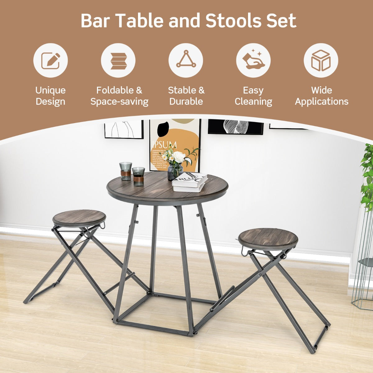 LIVSK Inklapbare Tafel- en Krukenset - Ruimtebesparend - Stabiel MDF en Metaal - Voor Eetkamer en Café - 206,5 x 77,5 x 90 cm -
