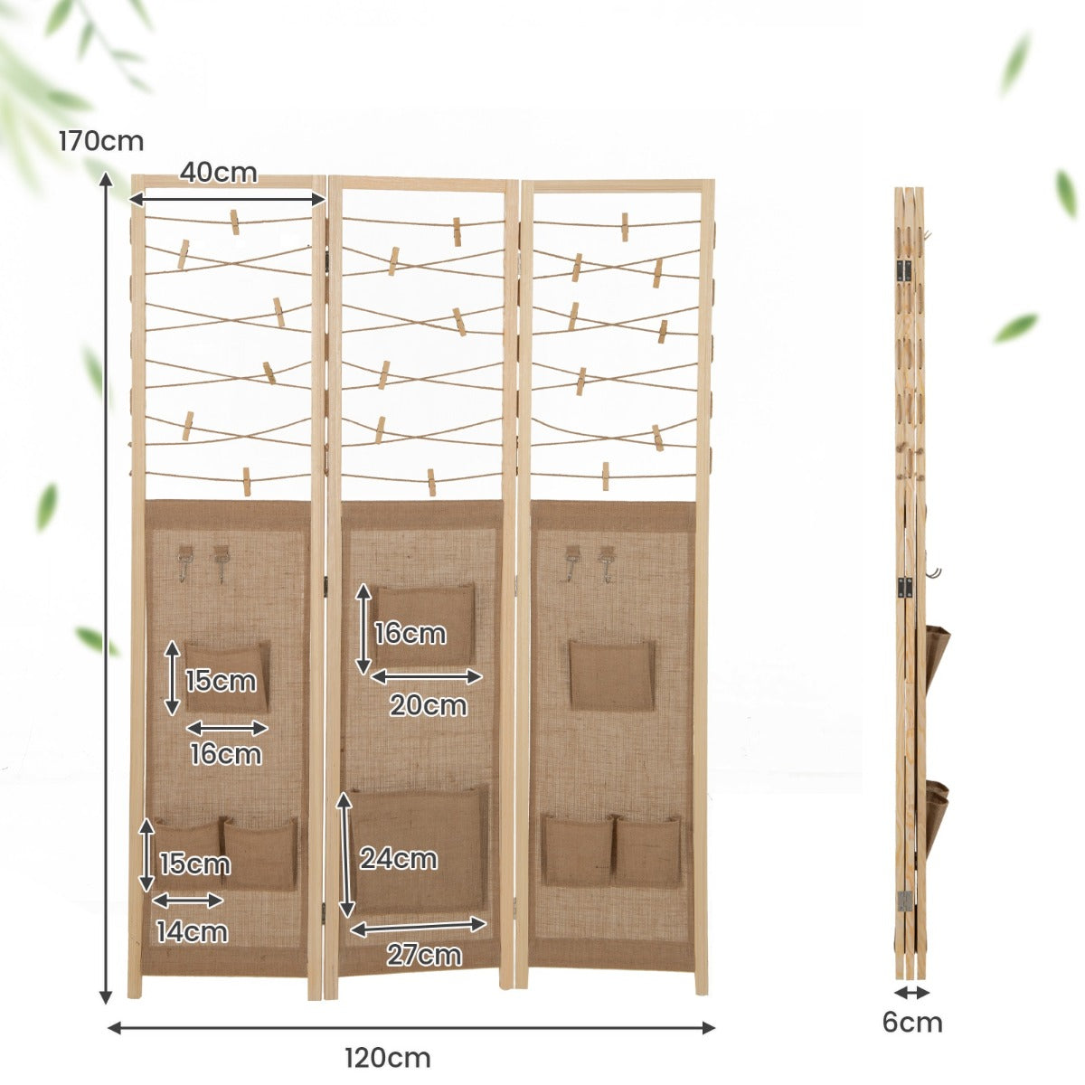LIVSK 3-panelen kamerscherm - Flexibel en opvouwbaar - Jute opbergtassen - Antislip - Sterk dennenhouten frame - Natuurlijk