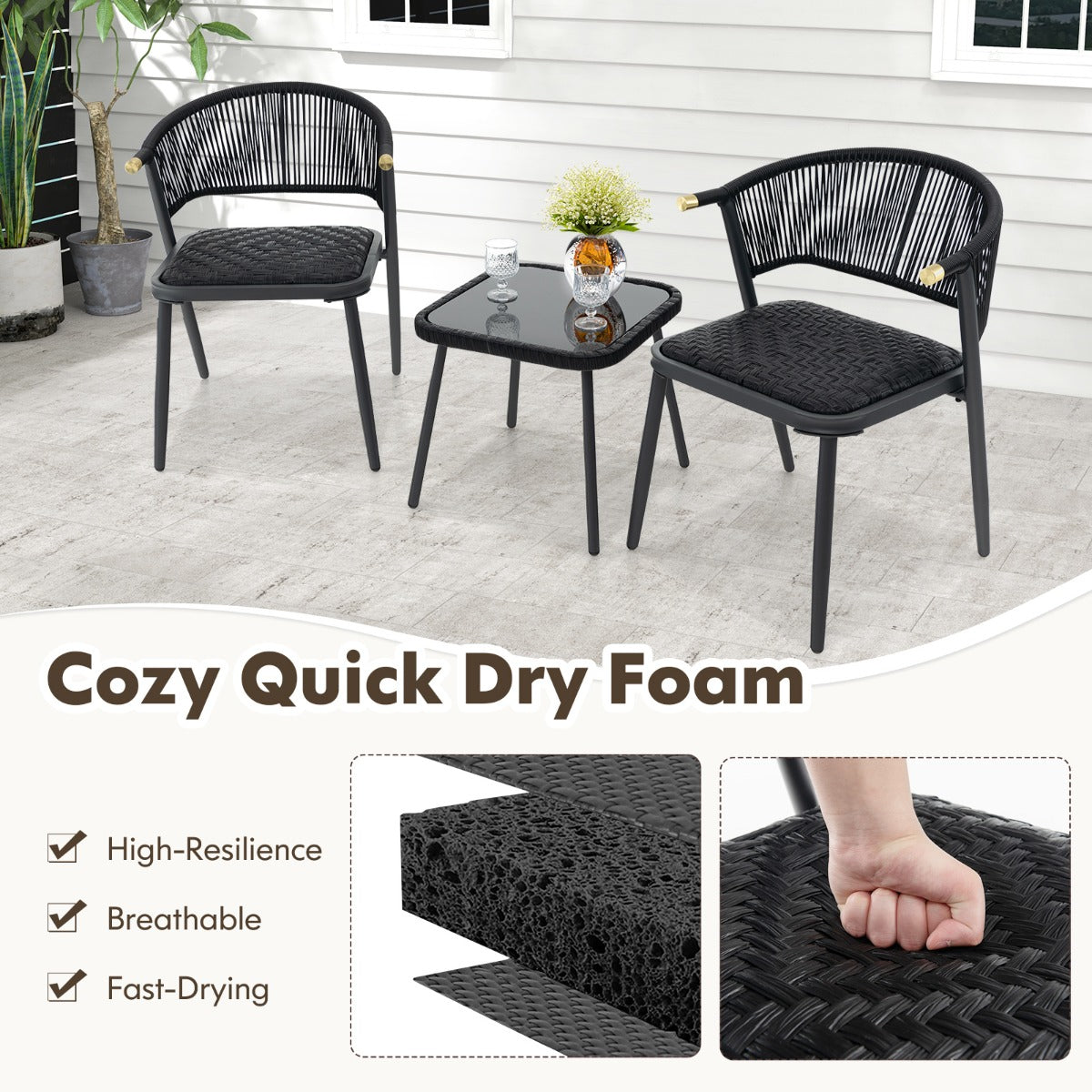 LIVSK 3-delige Rotan Terrasmeubelset - 2 Stoelen met Sneldrogend Schuim - Stabiele Tafel met Gehard Glas - Voor Balkon en Tuin -