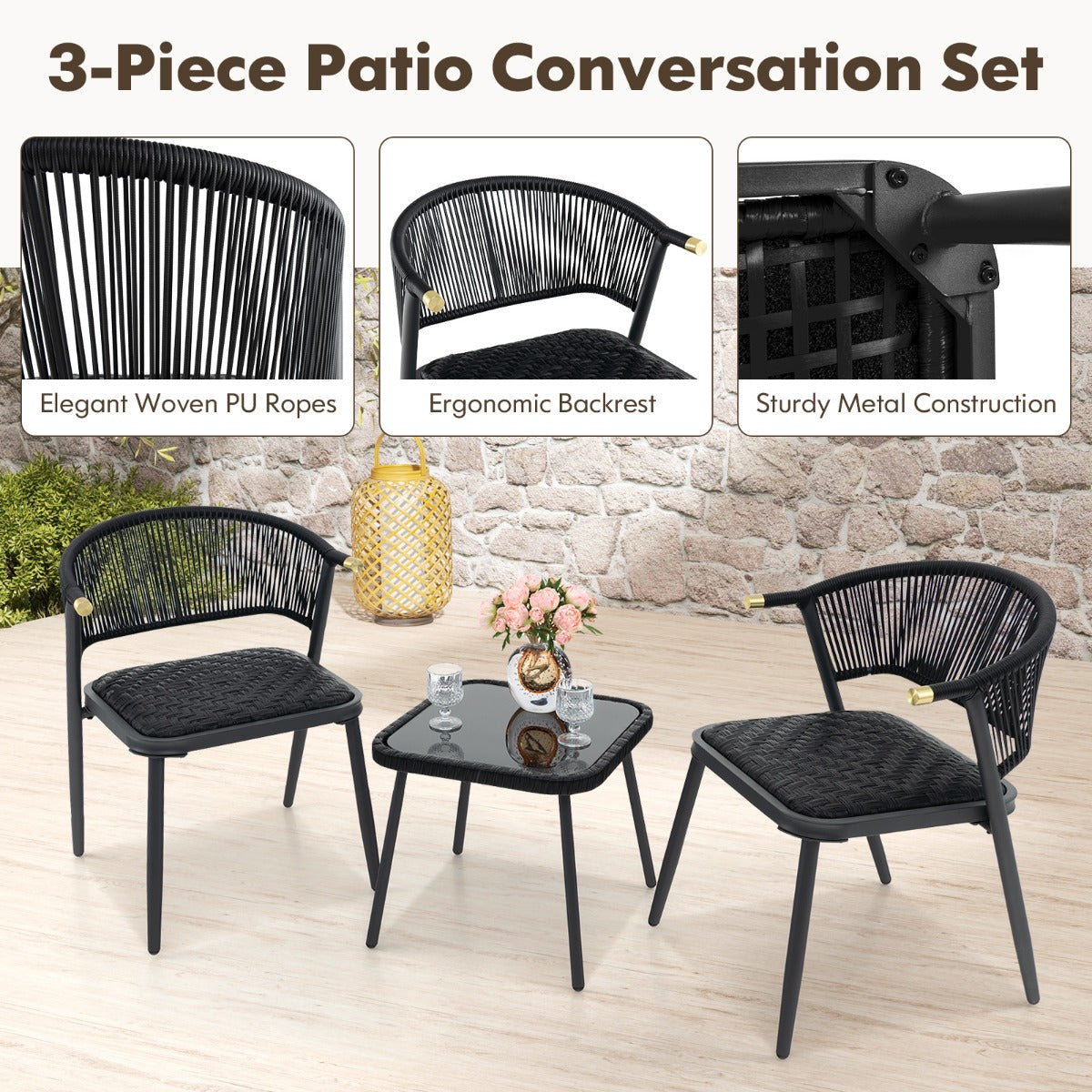 LIVSK 3-delige Rotan Terrasmeubelset - 2 Stoelen met Sneldrogend Schuim - Stabiele Tafel met Gehard Glas - Voor Balkon en Tuin -