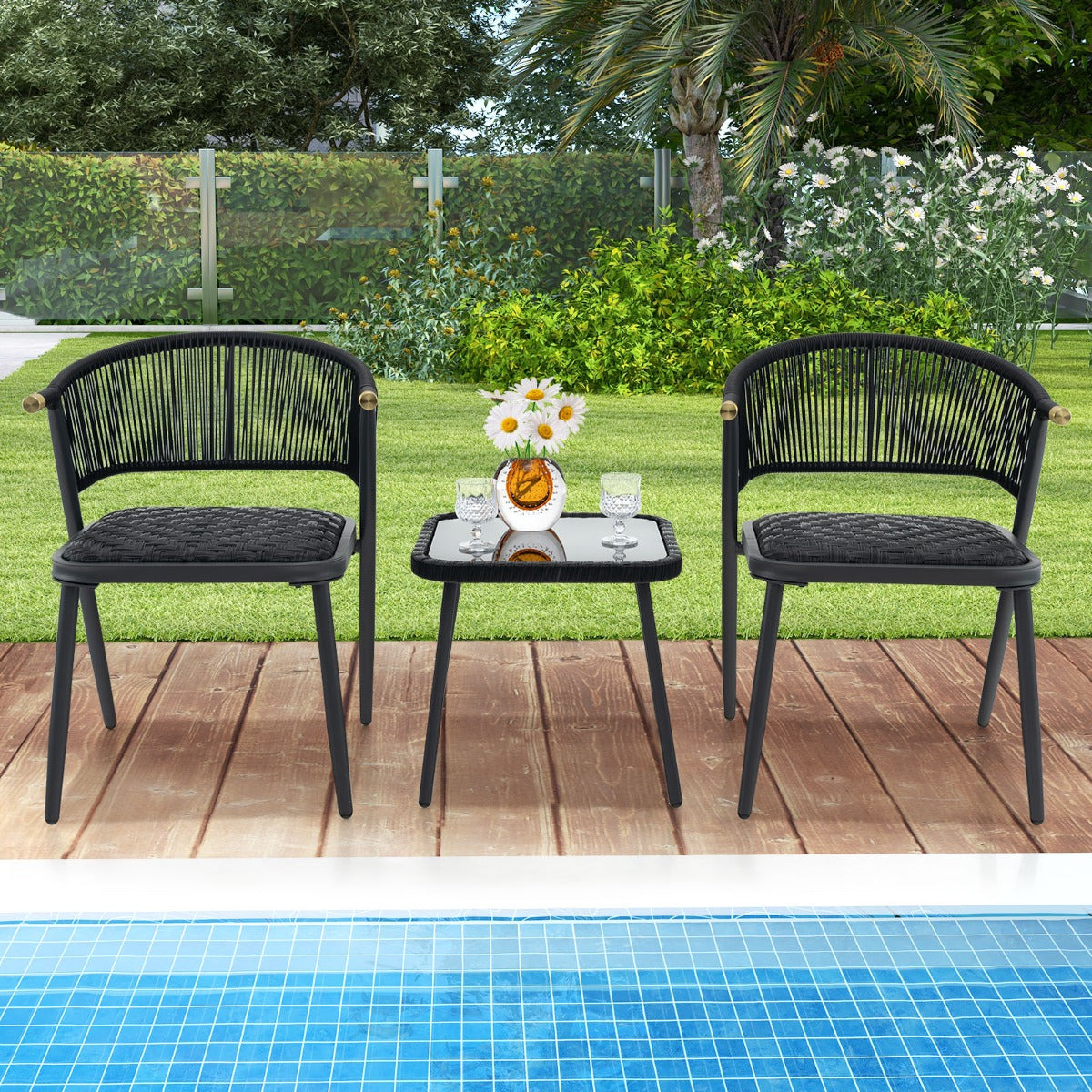 LIVSK 3-delige Rotan Terrasmeubelset - 2 Stoelen met Sneldrogend Schuim - Stabiele Tafel met Gehard Glas - Voor Balkon en Tuin -