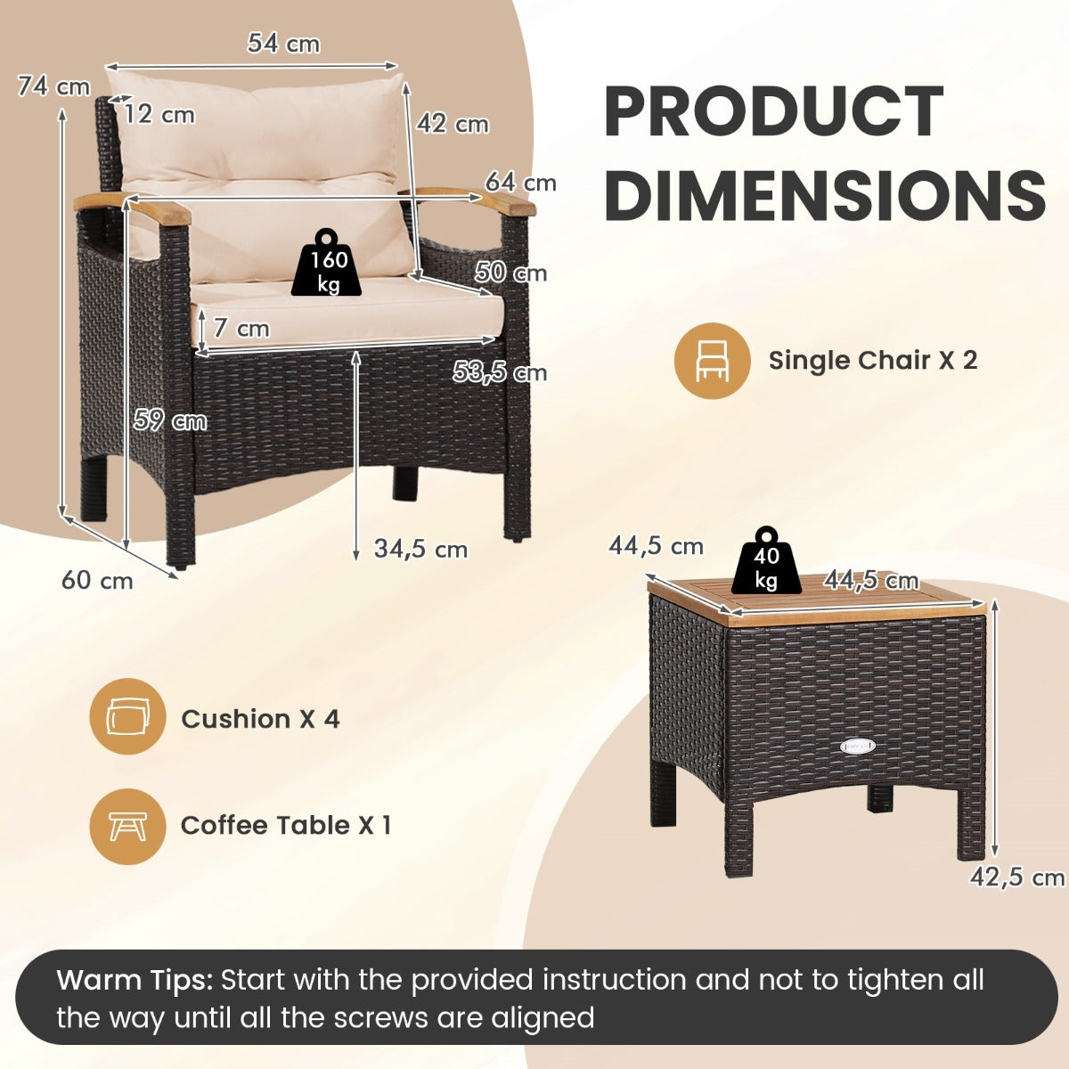 LIVSK 3-delige Terrasmeubelset - Comfortabele Stoelen met Hoge Rugleuning - Praktische Salontafel - Draagvermogen 160 kg -