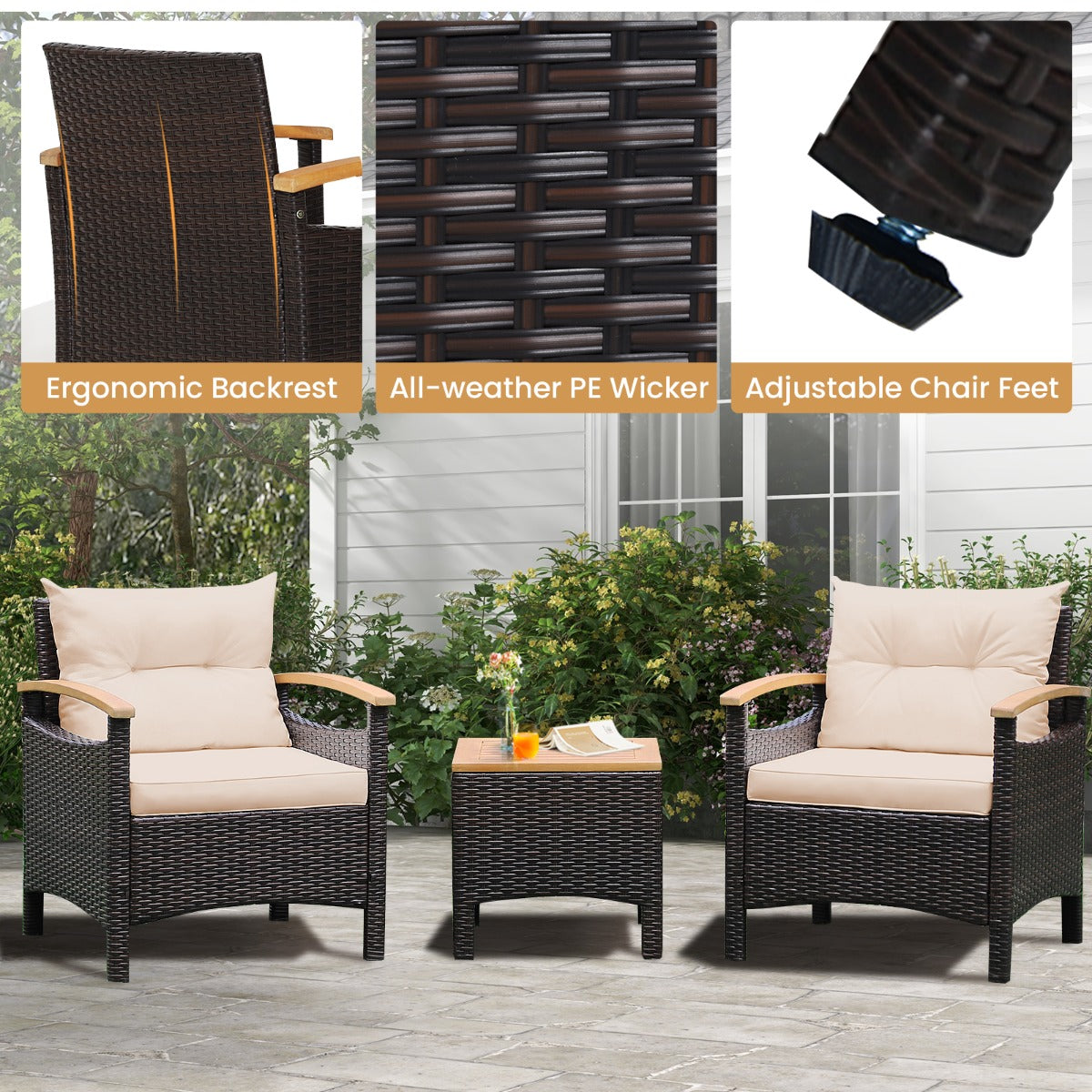 LIVSK 3-delige Terrasmeubelset - Comfortabele Stoelen met Hoge Rugleuning - Praktische Salontafel - Draagvermogen 160 kg -