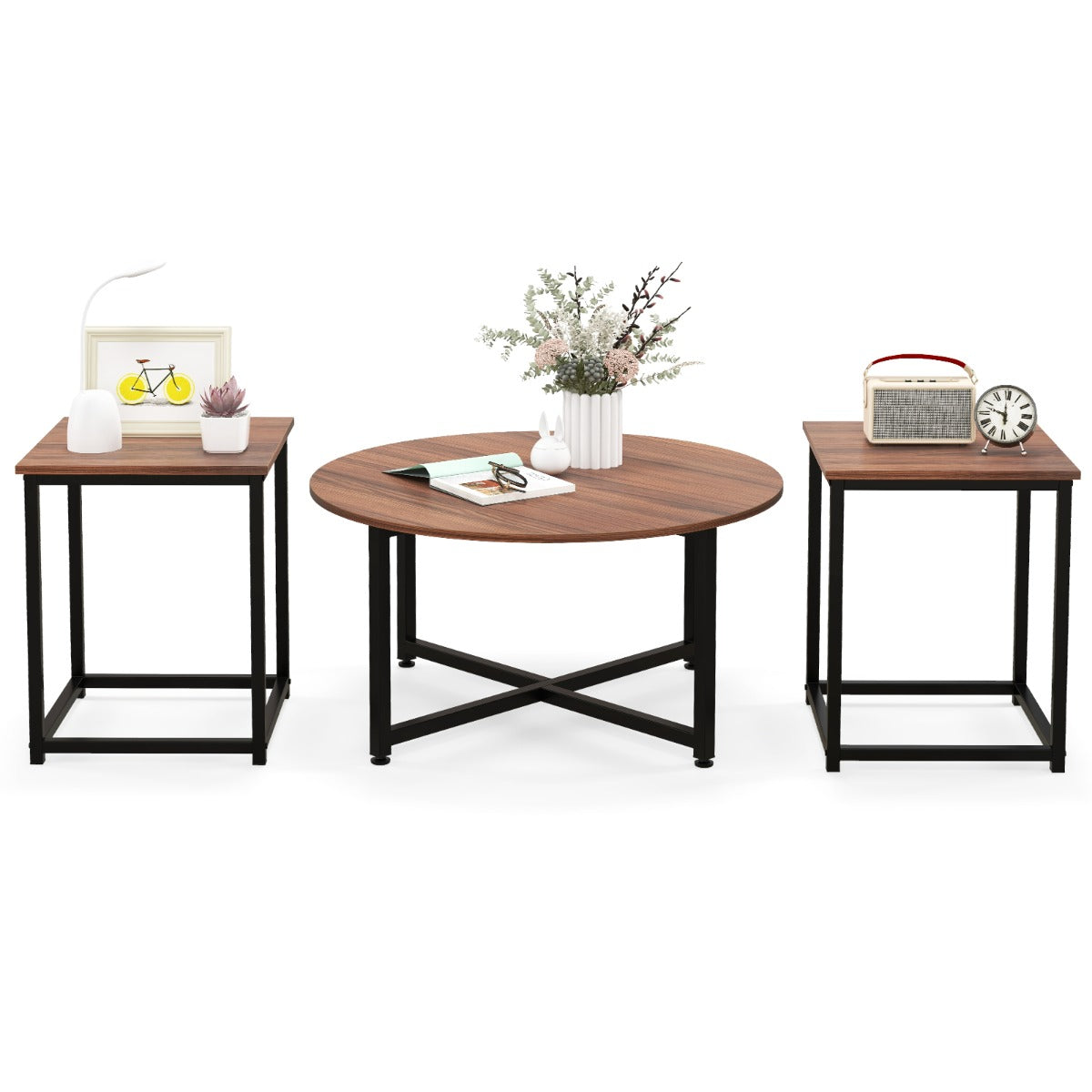LIVSK Salontafelset - Ronde Salontafel en 2 Vierkante Bijzettafels - Stevig Metaal - Modern Ontwerp - 3 Kleuren - Grijs en Zwart