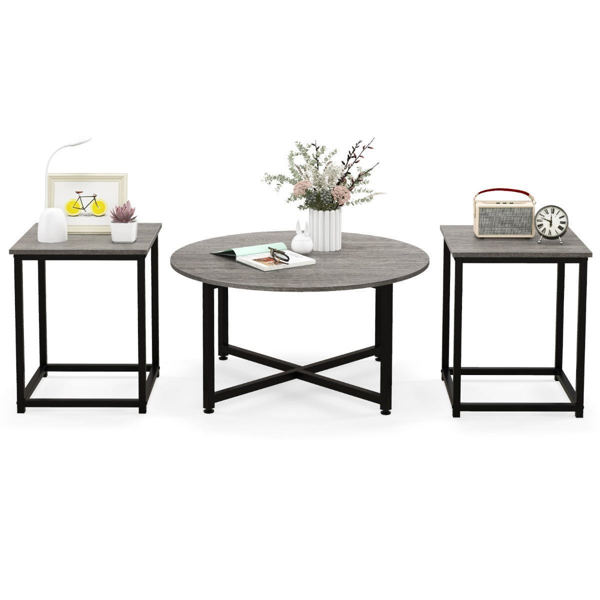 LIVSK Salontafelset - Ronde Salontafel en 2 Vierkante Bijzettafels - Stevig Metalen Frame - 3 Kleuropties - Grijs en Zwart