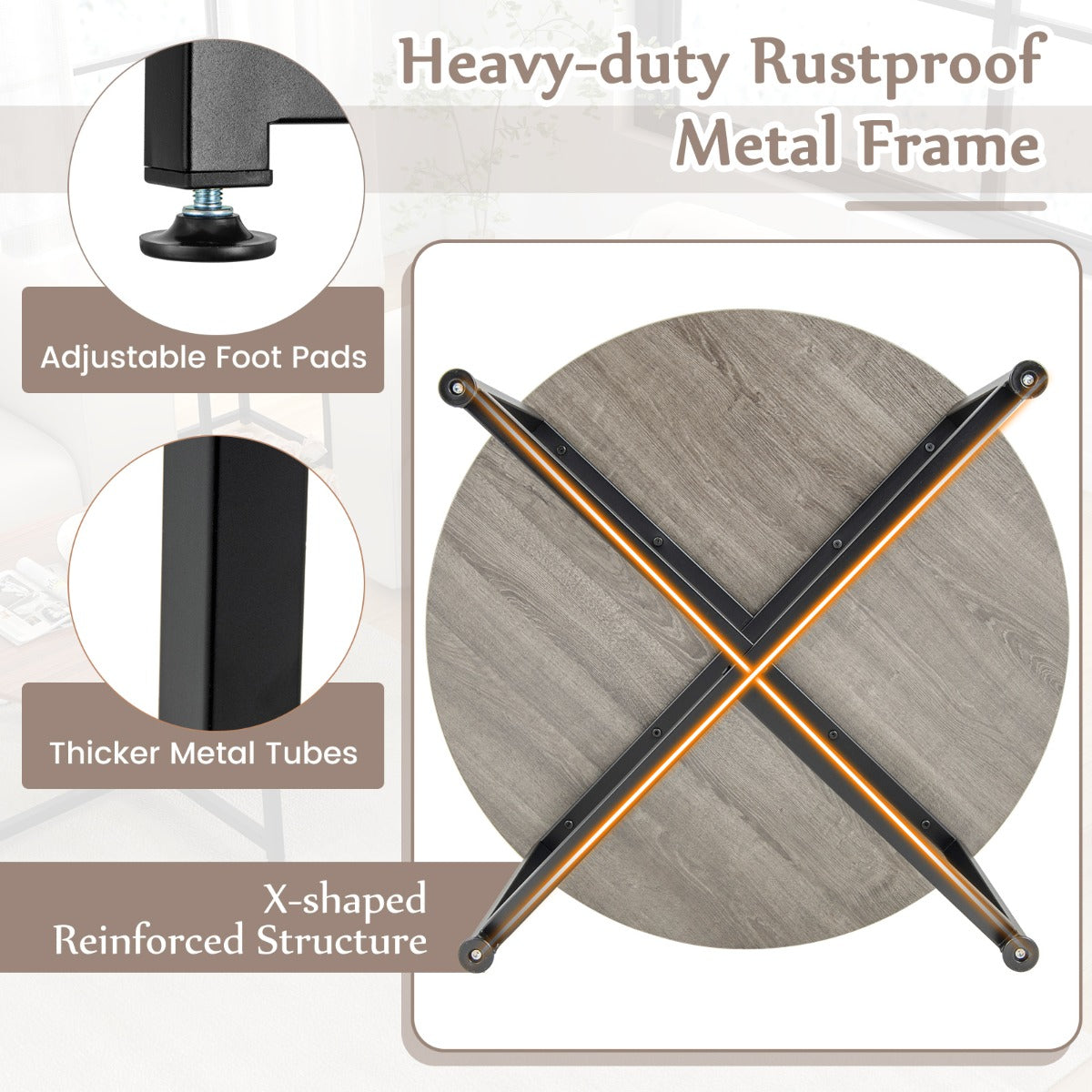 LIVSK Salontafelset - Ronde Salontafel en 2 Vierkante Bijzettafels - Stevig Metalen Frame - 3 Kleuropties - Grijs en Zwart