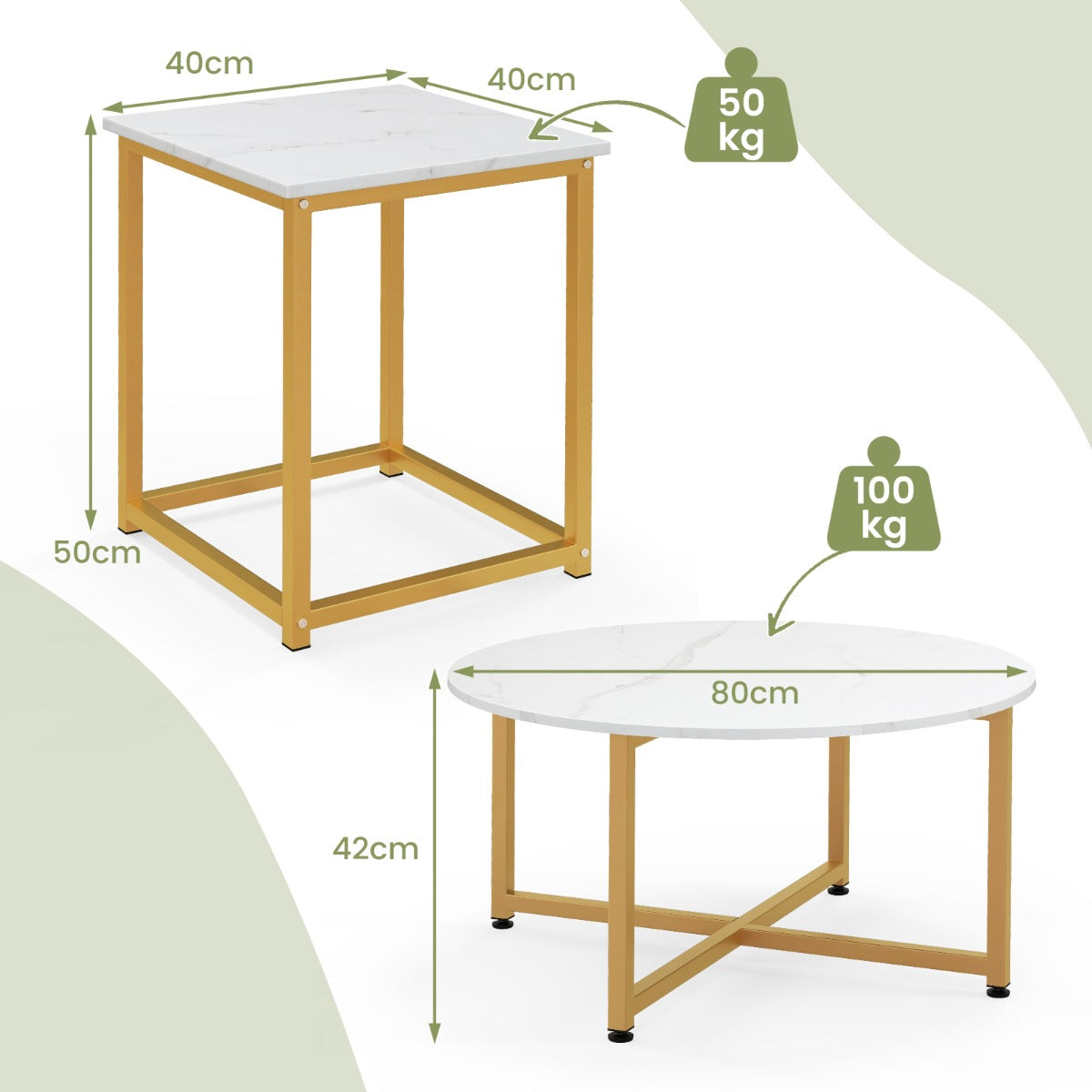 LIVSK Salontafelset - Ronde Salontafel en 2 Vierkante Bijzettafels - Stevig Metalen Frame - Modern Design - Grijs en Zwart