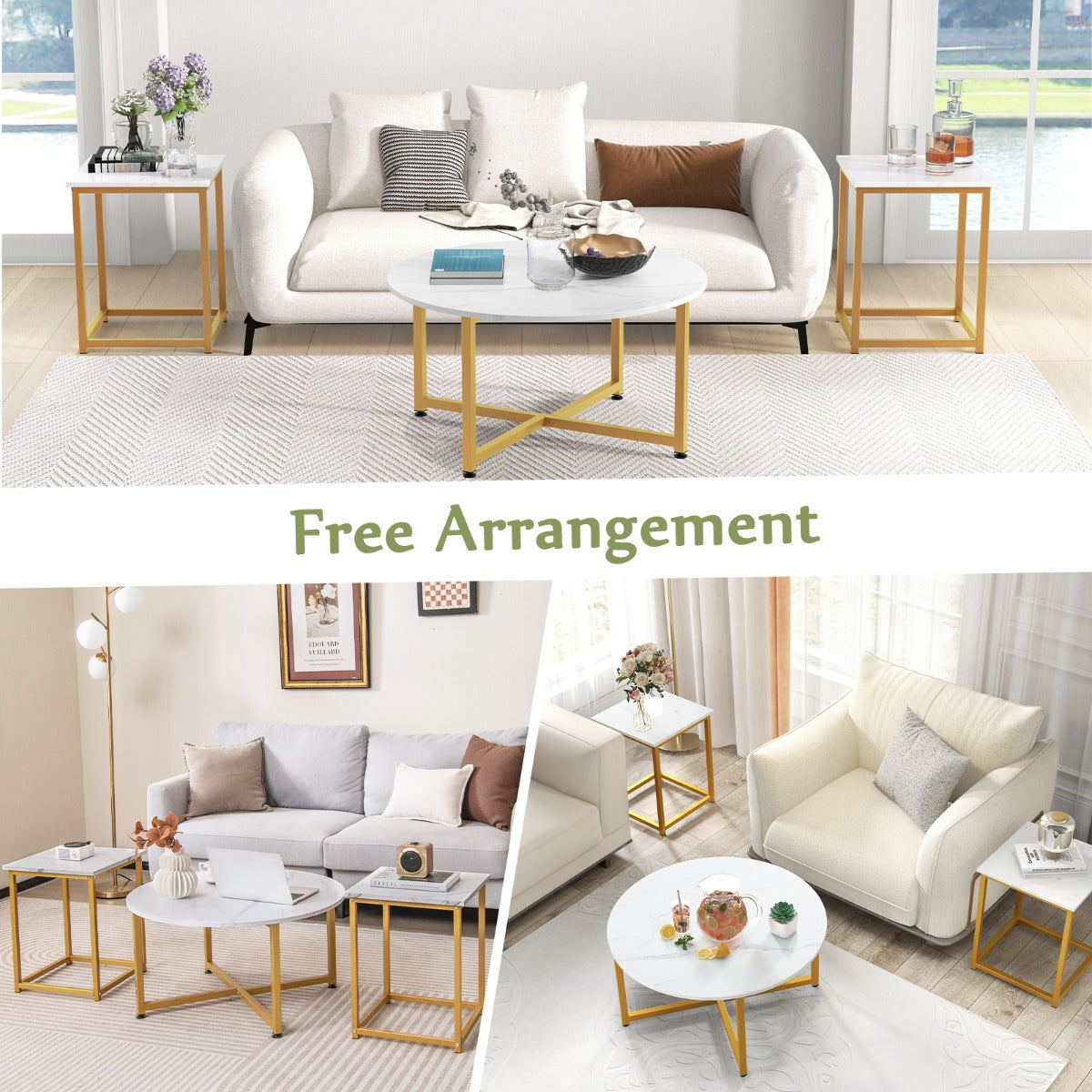 LIVSK Salontafelset - Ronde Salontafel en 2 Vierkante Bijzettafels - Stevig Metalen Frame - Modern Design - Grijs en Zwart