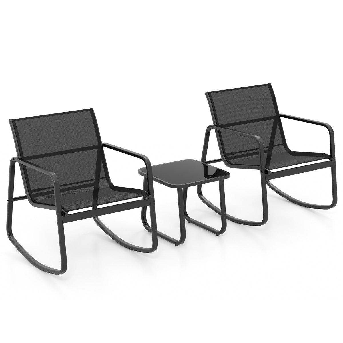 LIVSK 3-delige Bistroset met Schommelfunctie - Duurzaam Metalen Frame - Gehard Glas Tafel - Antislip - Zwart