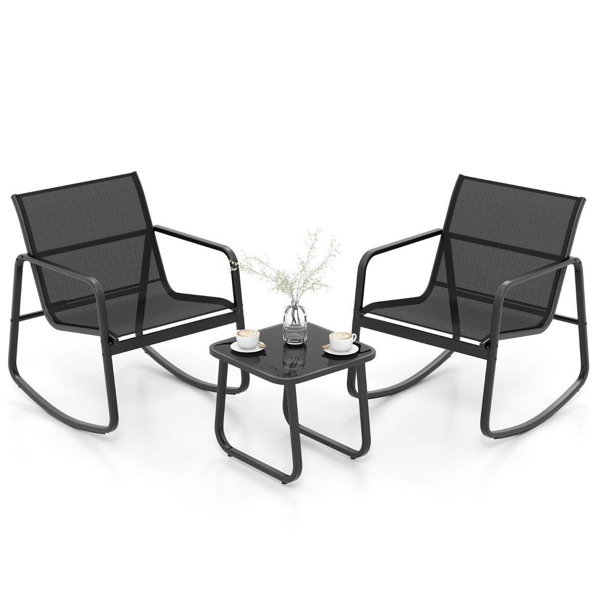LIVSK 3-delige Bistroset met Schommelfunctie - Duurzaam Metalen Frame - Gehard Glas Tafel - Antislip - Zwart