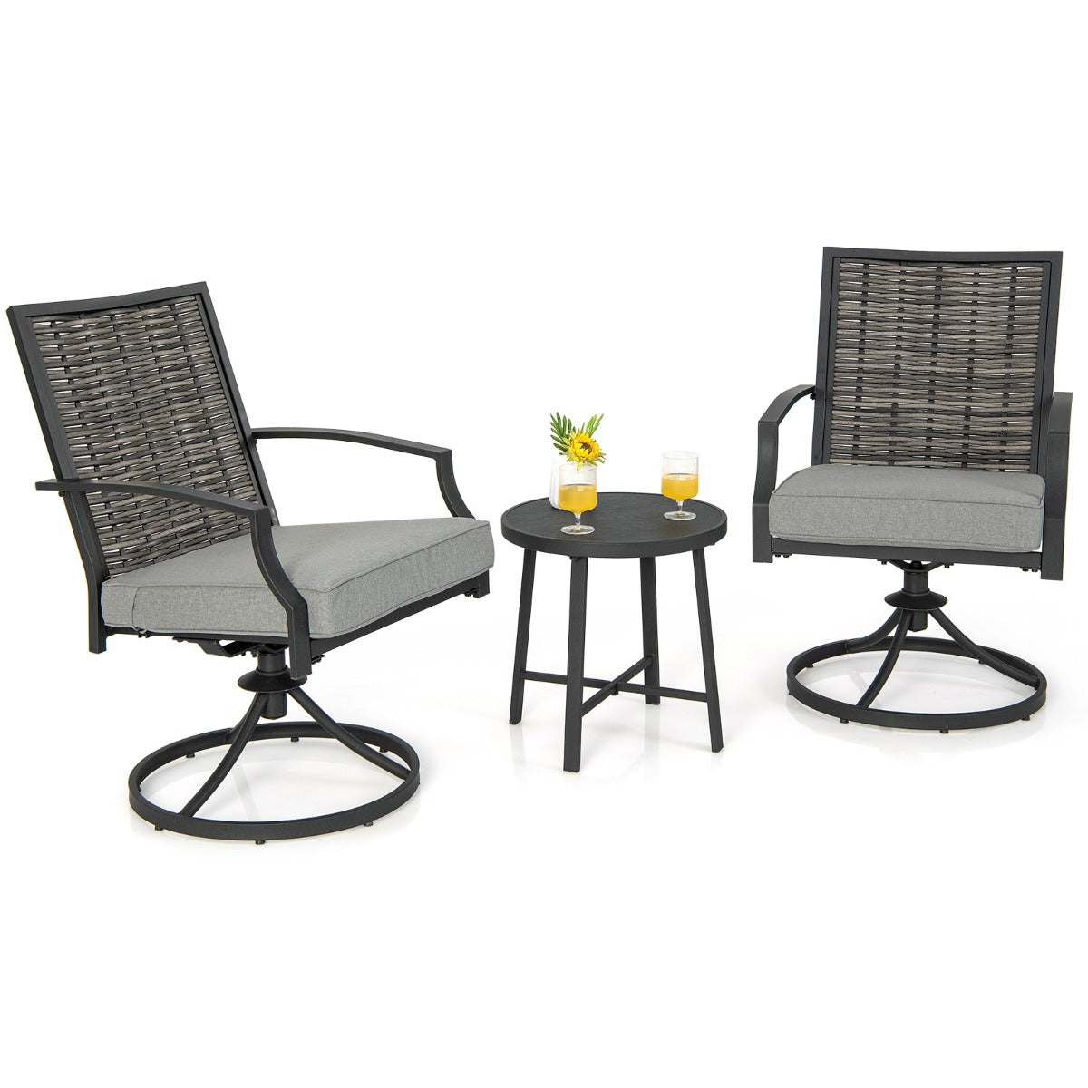 LIVSK 3-Delige Draaibare Patioset - Ergonomische Stoelen met Kussens - Robuust Metaal en PE Rotan - Voor Tuin en Zwembad -