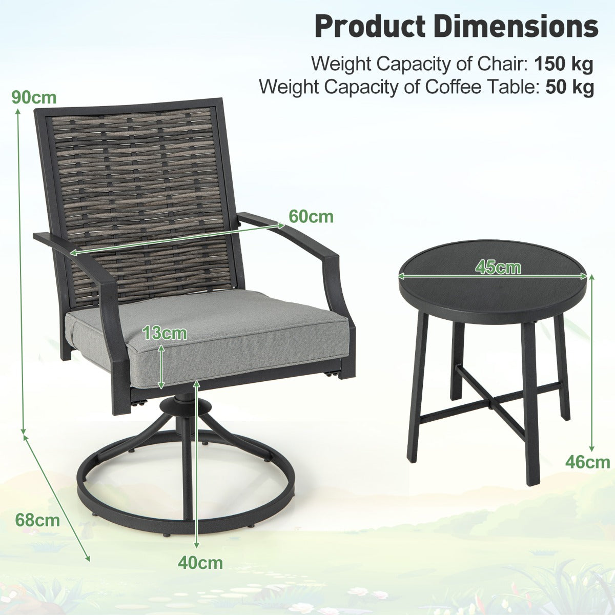 LIVSK 3-Delige Draaibare Patioset - Ergonomische Stoelen met Kussens - Robuust Metaal en PE Rotan - Voor Tuin en Zwembad -