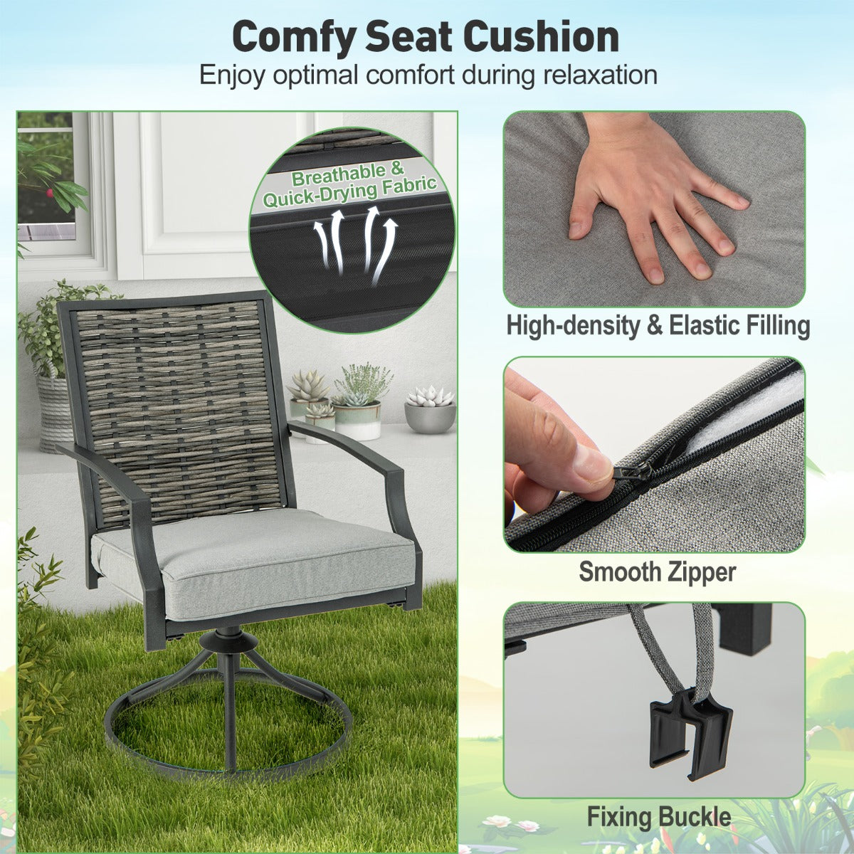 LIVSK 3-Delige Draaibare Patioset - Ergonomische Stoelen met Kussens - Robuust Metaal en PE Rotan - Voor Tuin en Zwembad -