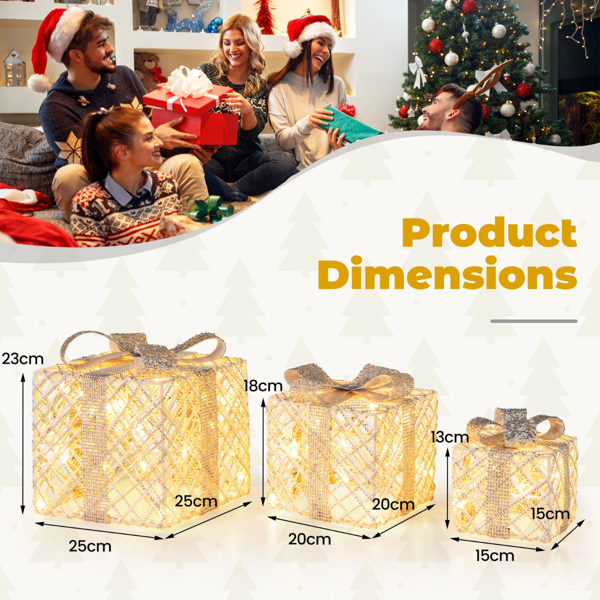 LIVSK Kristalversierde Cadeauboxen - 3-pack met 50 LED-lampen - Waterdicht en Sneeuwbestendig - Inclusief Accessoires - Wit
