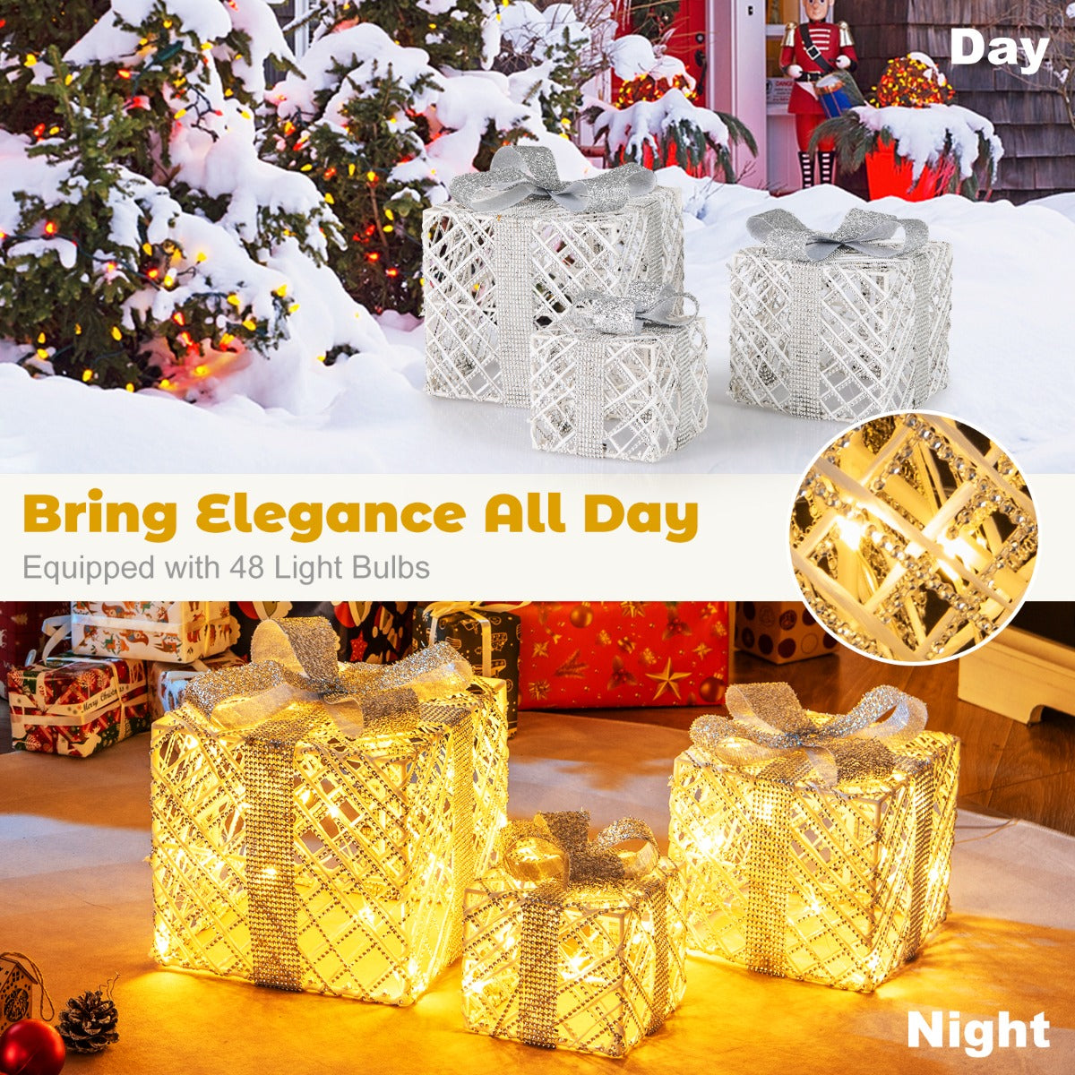 LIVSK Kristalversierde Cadeauboxen - 3-pack met 50 LED-lampen - Waterdicht en Sneeuwbestendig - Inclusief Accessoires - Wit
