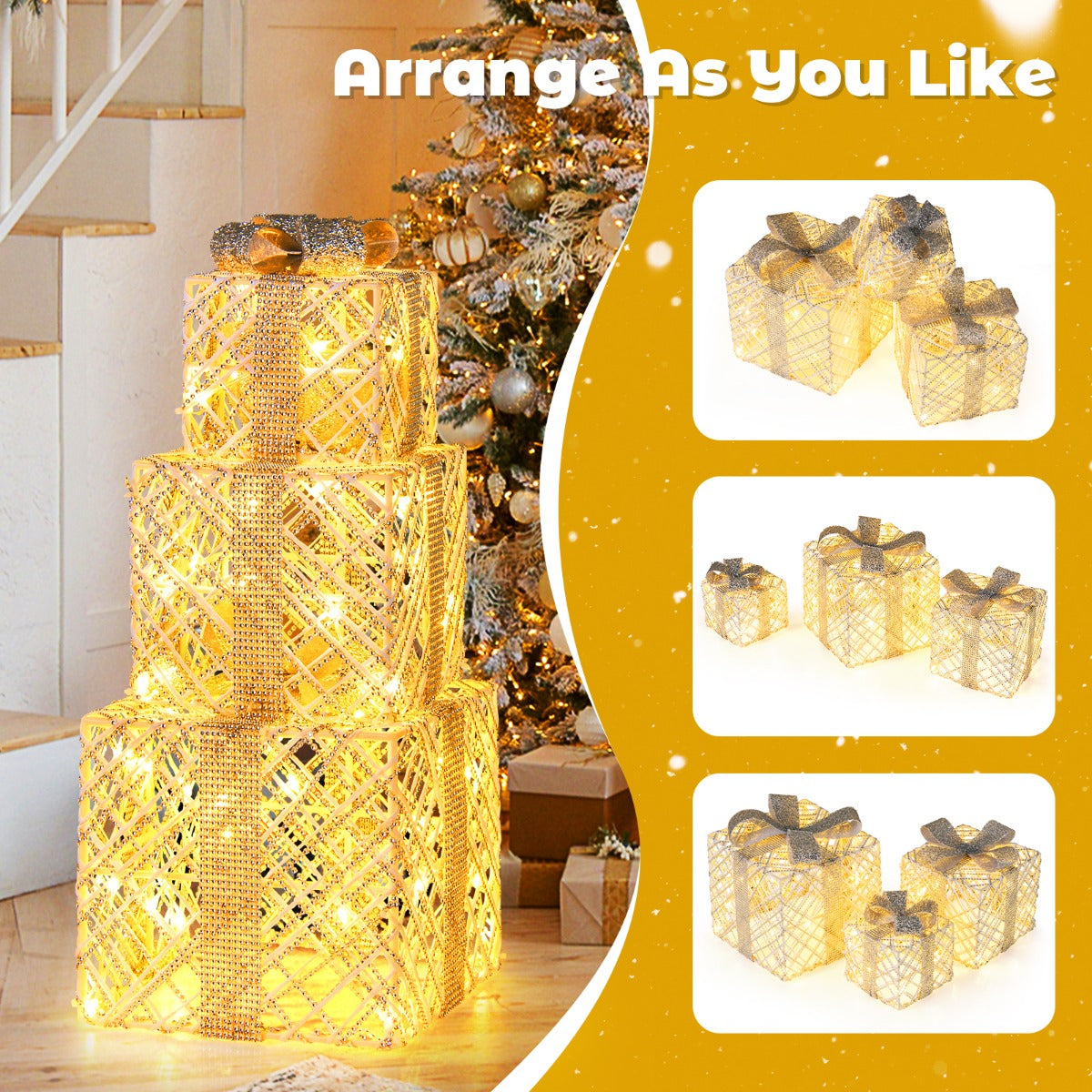LIVSK Kristalversierde Cadeauboxen - 3-pack met 50 LED-lampen - Waterdicht en Sneeuwbestendig - Inclusief Accessoires - Wit