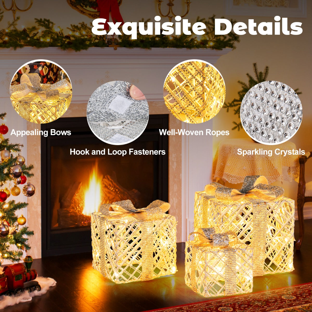 LIVSK Kristalversierde Cadeauboxen - 3-pack met 50 LED-lampen - Waterdicht en Sneeuwbestendig - Inclusief Accessoires - Wit