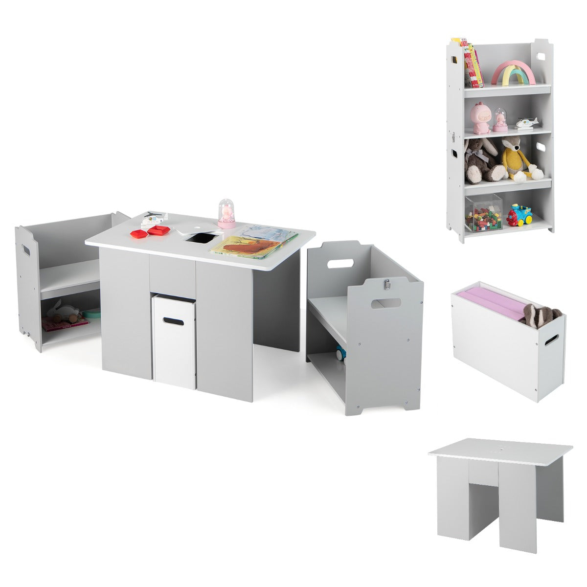LIVSK 4-in-1 Kindertafel en Stoelenset - Multifunctioneel met Opbergruimte - Veilig Ontwerp - Voor Kinderen vanaf 3 Jaar - Grijs