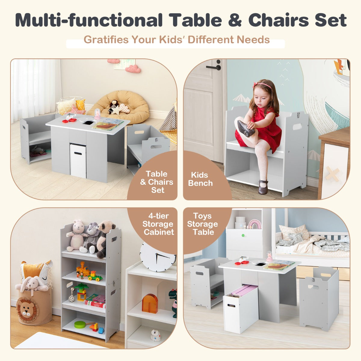 LIVSK 4-in-1 Kindertafel en Stoelenset - Multifunctioneel met Opbergruimte - Veilig Ontwerp - Voor Kinderen vanaf 3 Jaar - Grijs