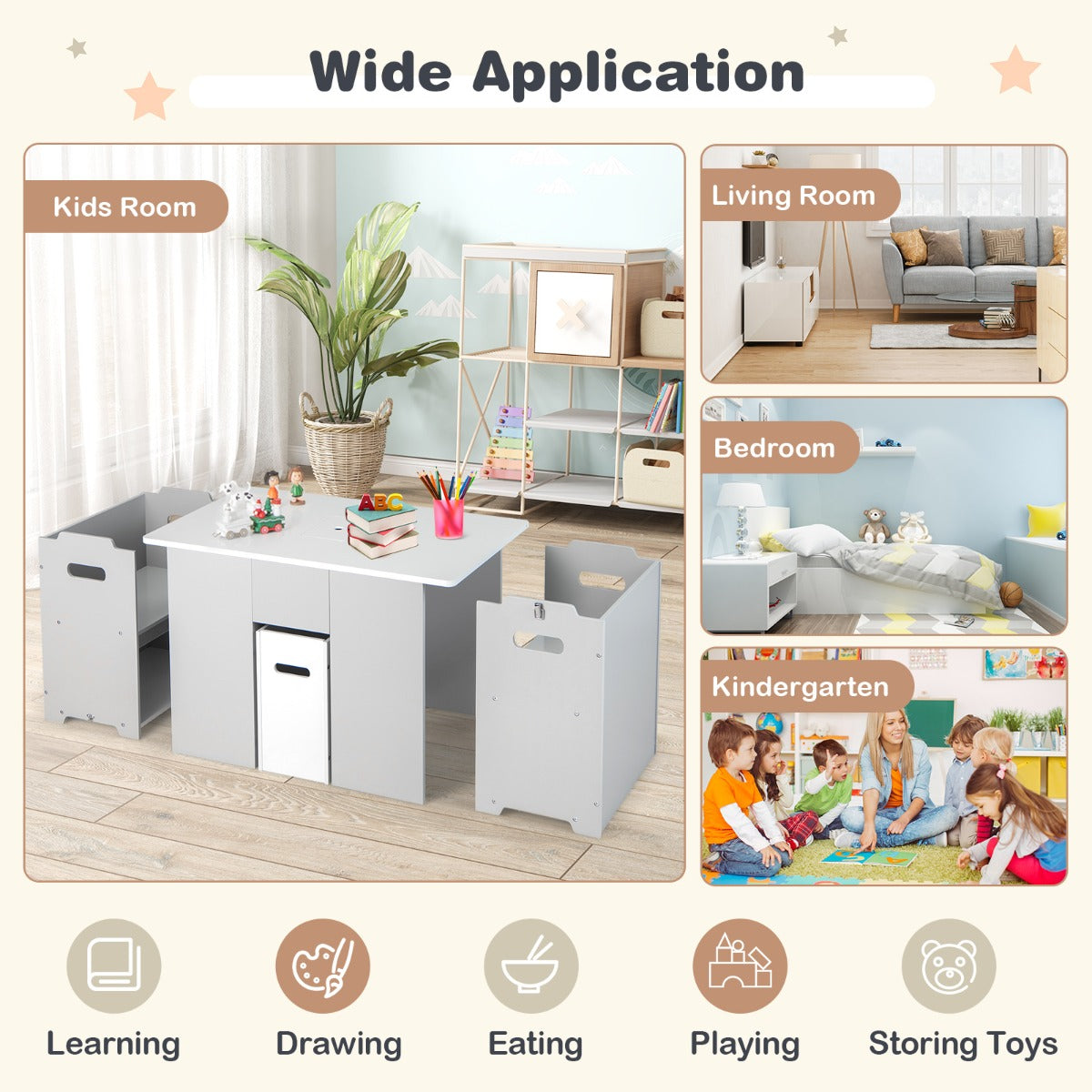 LIVSK 4-in-1 Kindertafel en Stoelenset - Multifunctioneel met Opbergruimte - Veilig Ontwerp - Voor Kinderen vanaf 3 Jaar - Grijs