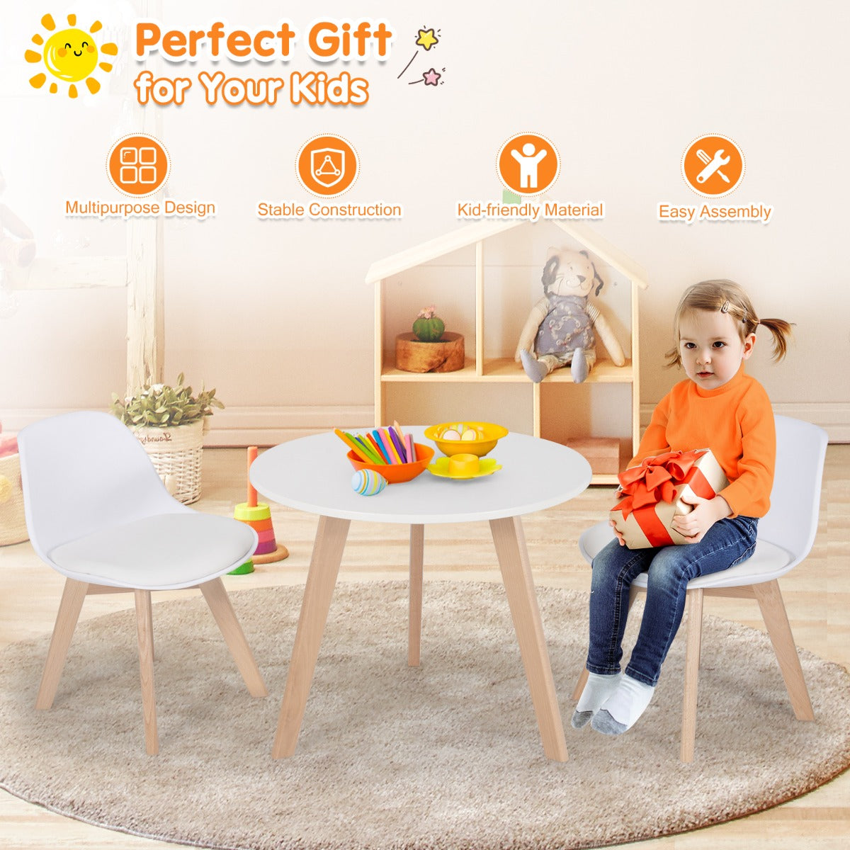 LIVSK 3-delige Tafel- en Stoelenset - Ronde Tafel met 2 Ergonomische Stoelen - Veilig en Comfortabel - Voor Kinderen 3-8 jaar -