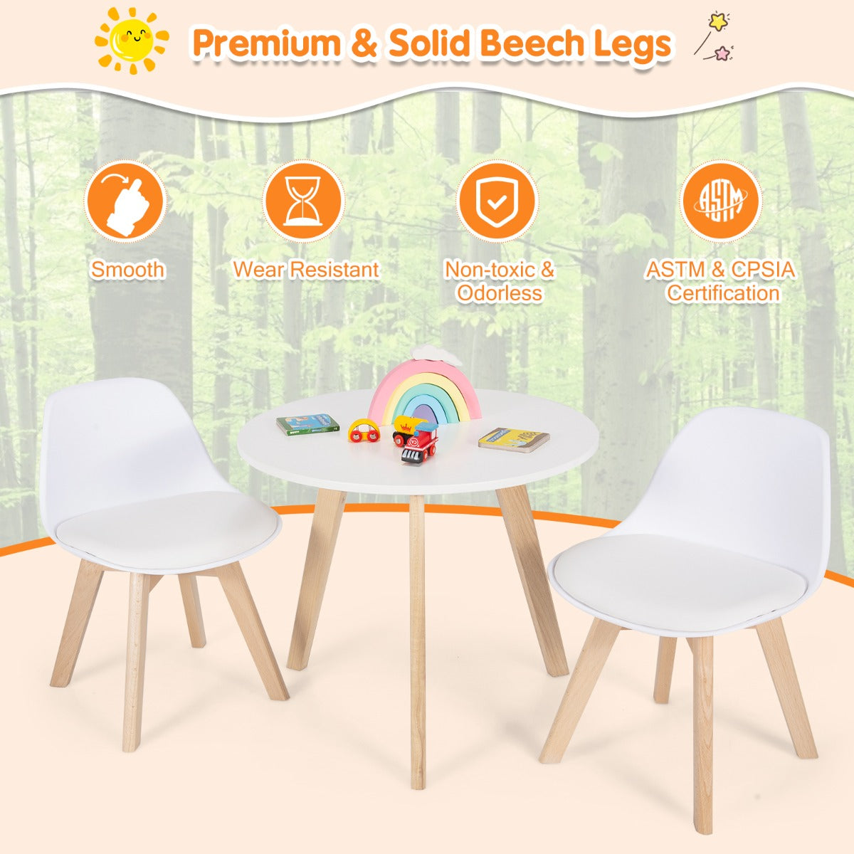 LIVSK 3-delige Tafel- en Stoelenset - Ronde Tafel met 2 Ergonomische Stoelen - Veilig en Comfortabel - Voor Kinderen 3-8 jaar -