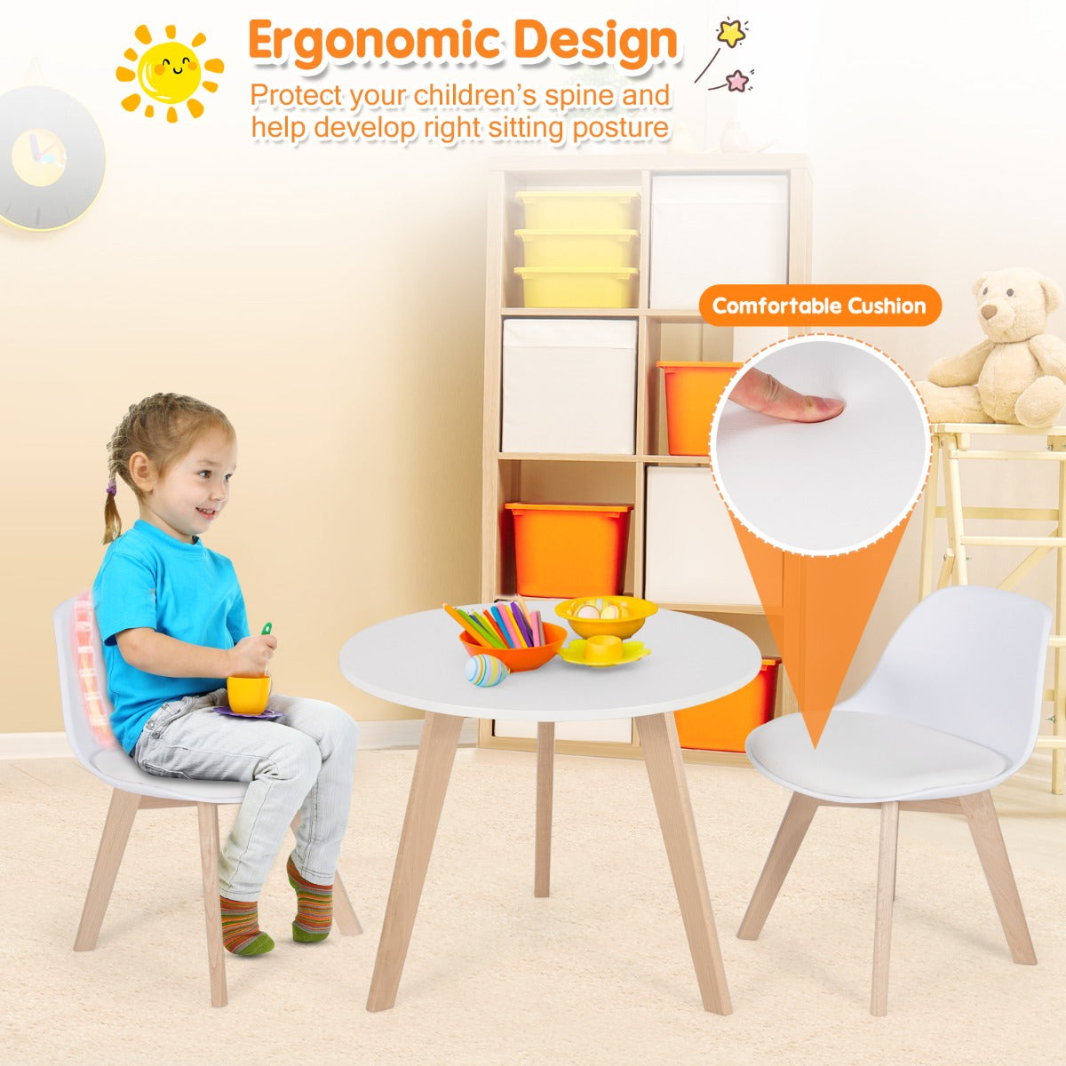 LIVSK 3-delige Tafel- en Stoelenset - Ronde Tafel met 2 Ergonomische Stoelen - Veilig en Comfortabel - Voor Kinderen 3-8 jaar -