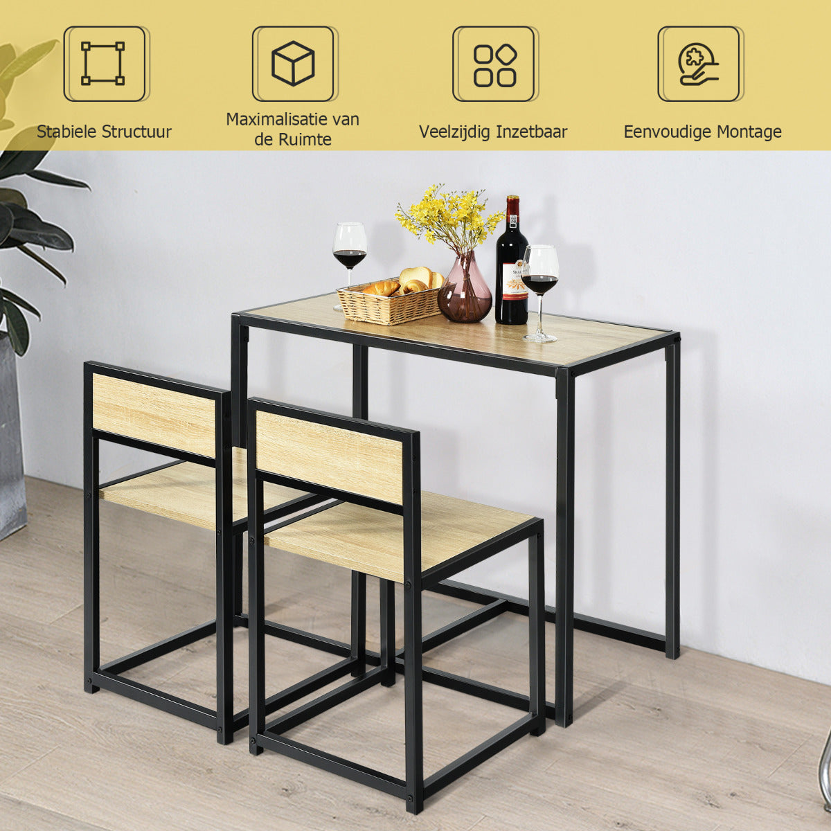 LIVSK 3-Delige Eettafel- en Stoelenset - Ruimtebesparend - Stalen Frame - Krasbestendig - Natuurlijk