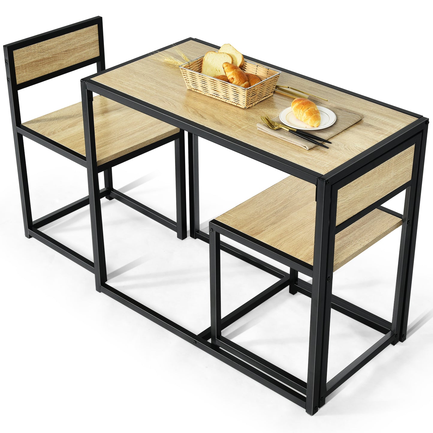 LIVSK 3-Delige Eettafel- en Stoelenset - Ruimtebesparend - Stalen Frame - Krasbestendig - Natuurlijk