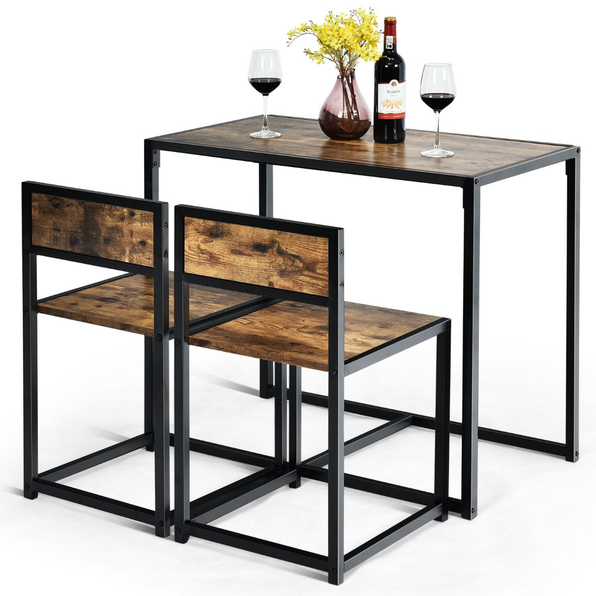 LIVSK 3-Delige Tafel- en Stoelenset - Ruimtebesparend - Gepoedercoat Stalen Frame - Comfortabele Stoelen - Antiek