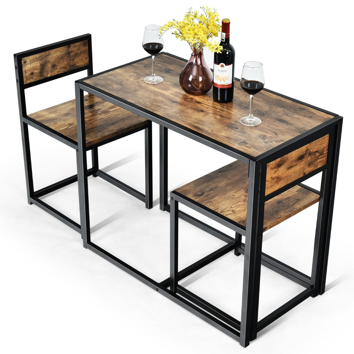 LIVSK 3-Delige Tafel- en Stoelenset - Ruimtebesparend - Gepoedercoat Stalen Frame - Comfortabele Stoelen - Antiek