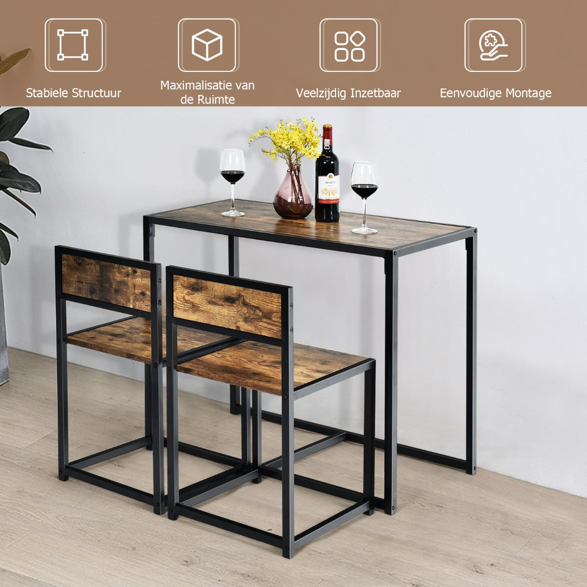 LIVSK 3-Delige Tafel- en Stoelenset - Ruimtebesparend - Gepoedercoat Stalen Frame - Comfortabele Stoelen - Antiek