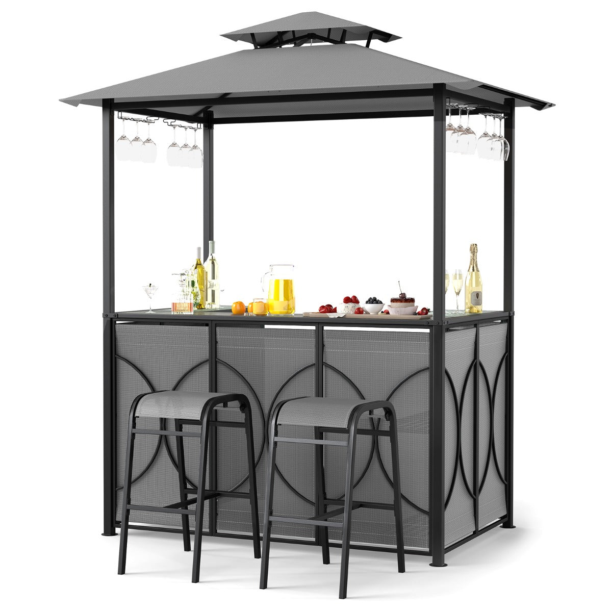 LIVSK Terrasbarset met Dubbel Dakontwerp - Gehard Glas - Glazenhouders - Stevige Metalen Frames - Bruin / Grijs