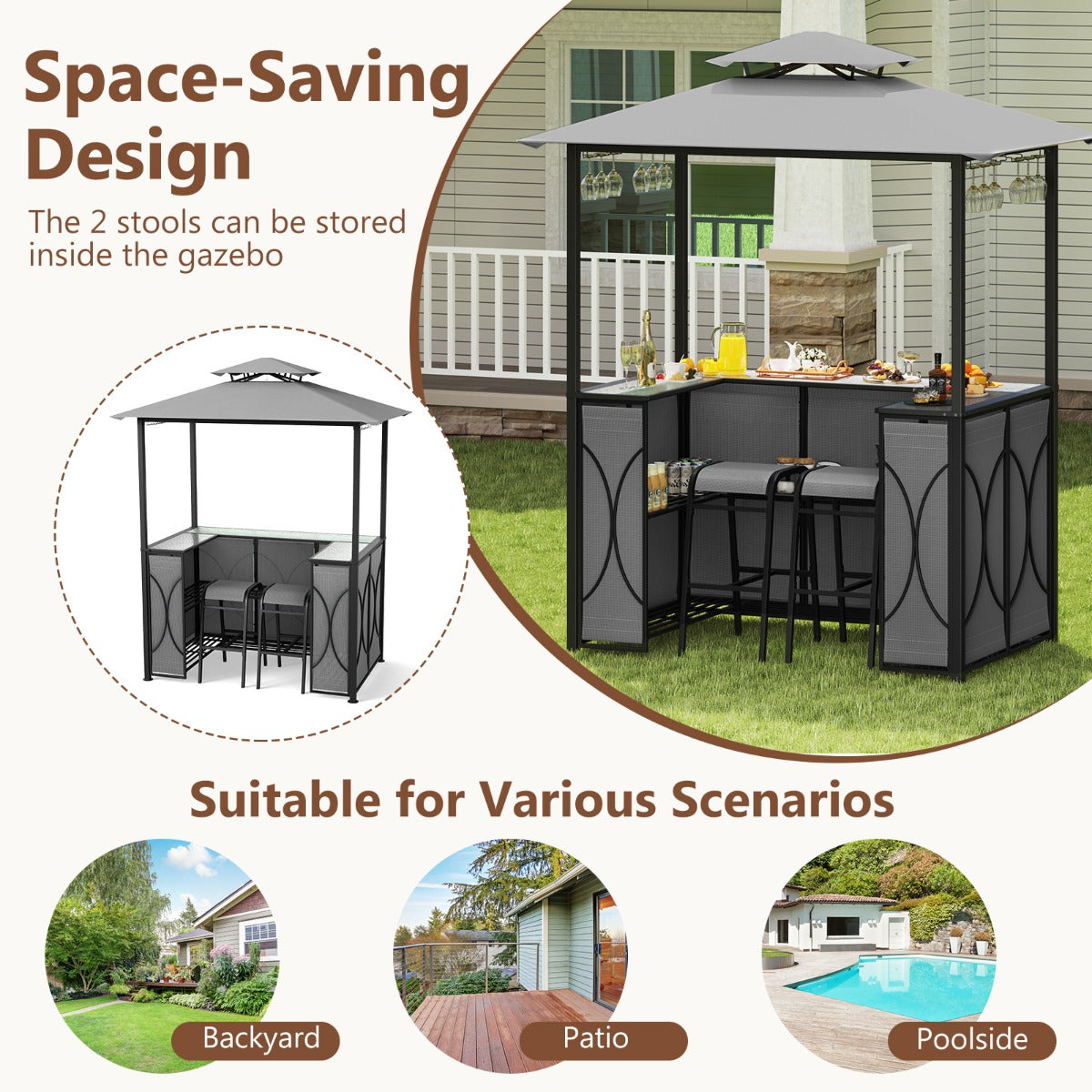 LIVSK Terrasbarset met Dubbel Dakontwerp - Gehard Glas - Glazenhouders - Stevige Metalen Frames - Bruin / Grijs