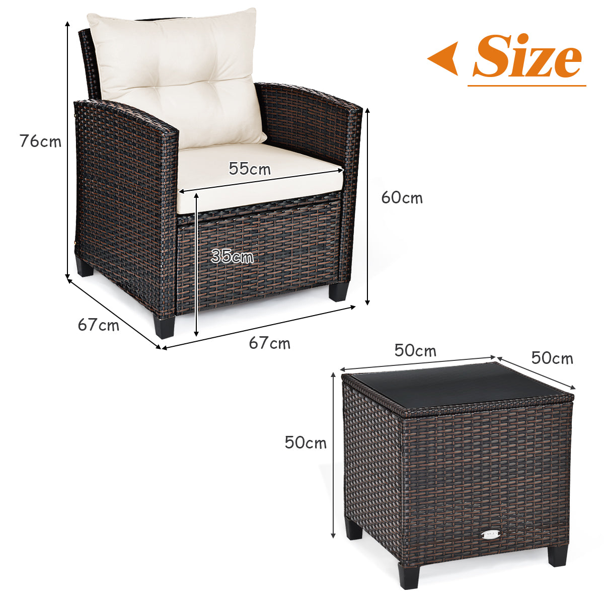 LIVSK 3-delig Rotan Bankstel - Inclusief 2 Stoelen en Salontafel - All-weather - Luxe Kussens - Bruin/Zwart